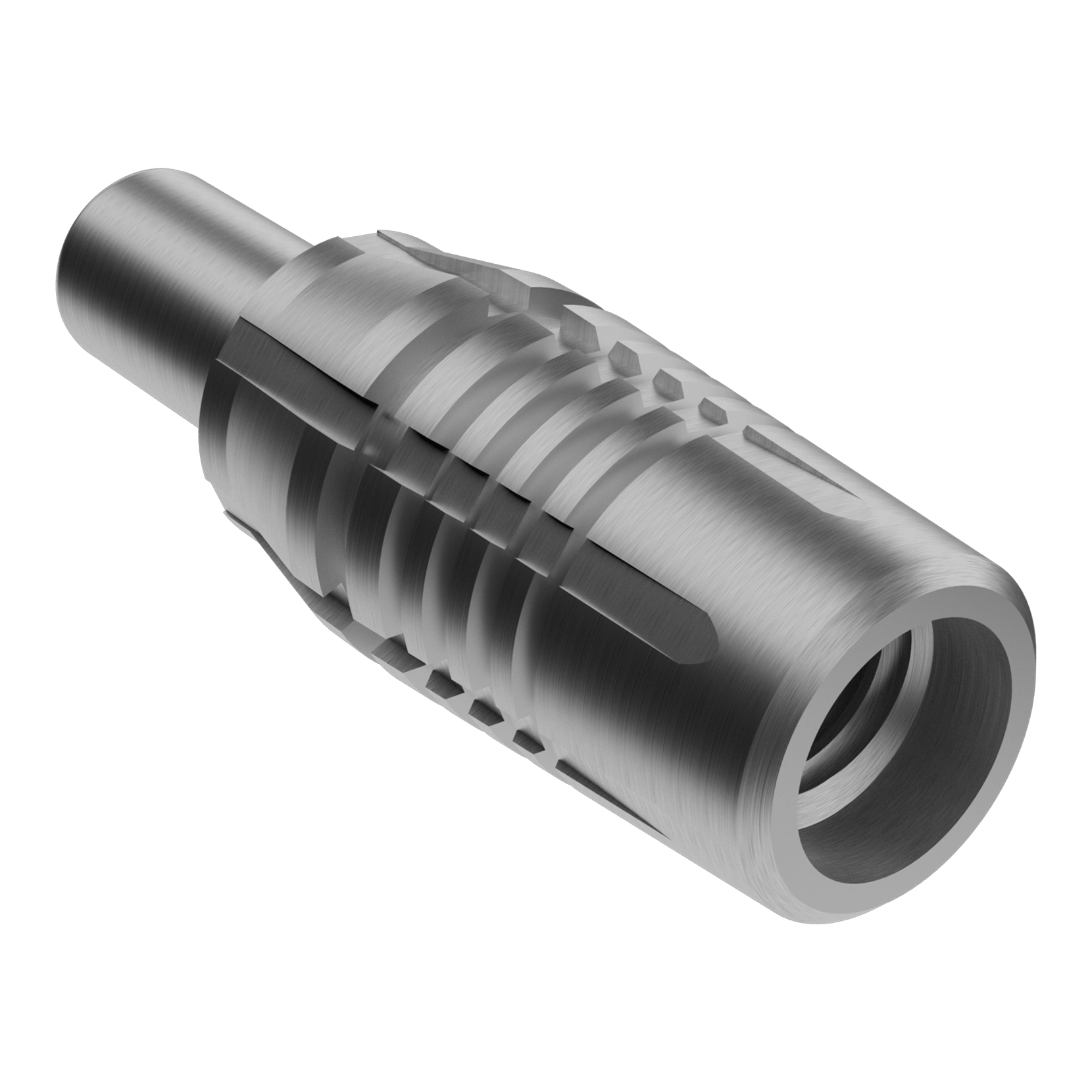 Shot Threadhead Point Adapter Ein einzelner Adapter für Dartspitzen in Silber ist abgebildet. Das Produkt ist robust gefertigt.