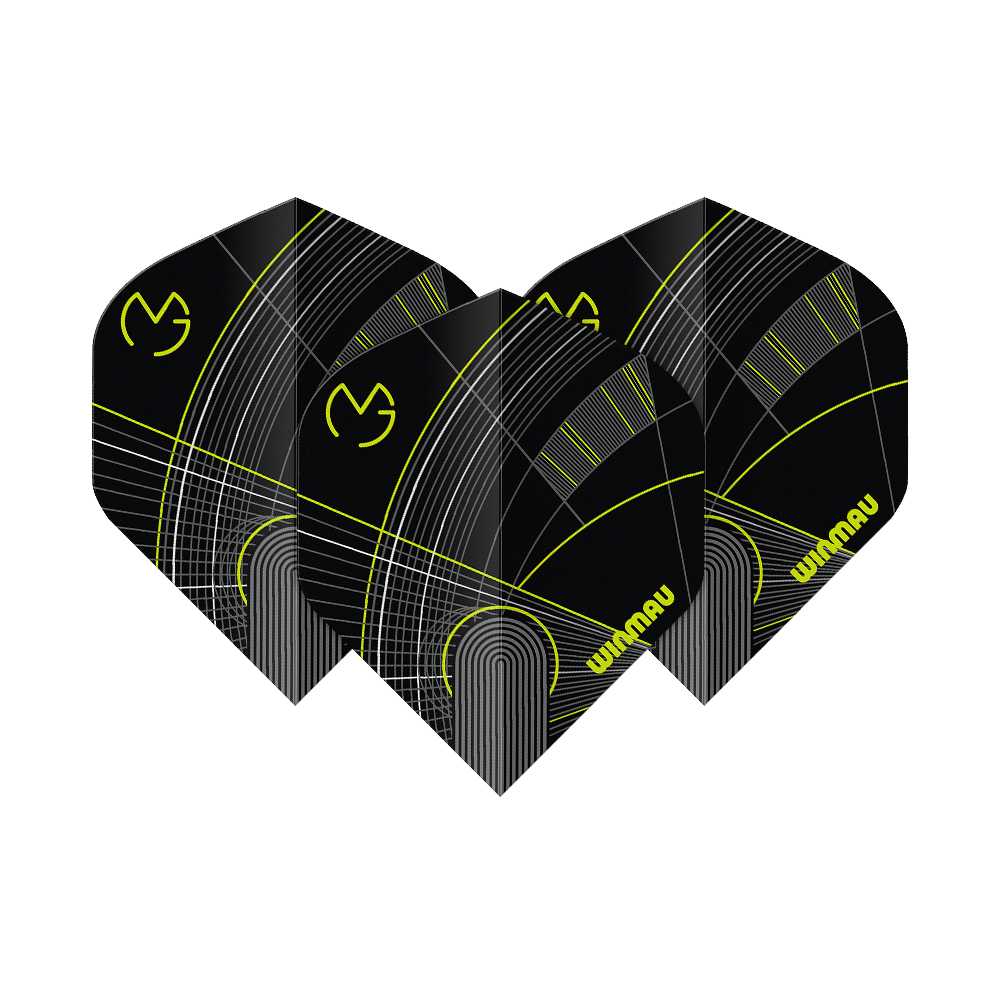 Das Bild zeigt die Winmau Prism Delta MvG Black Green No2 Standard Flights. Diese Flights sind in Schwarz und Grün gehalten und für Darts geeignet.