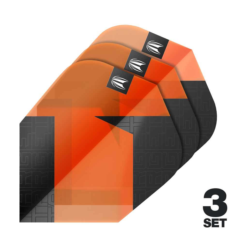 Target Pro Ultra TAG Orange Ten-X Standard Flights - 3 sets Das Bild zeigt drei Sätze der Target Pro Ultra TAG Orange Ten-X Standard Flights. Die Flights sind in Orange und Schwarz gehalten und besitzen ein markantes Design.