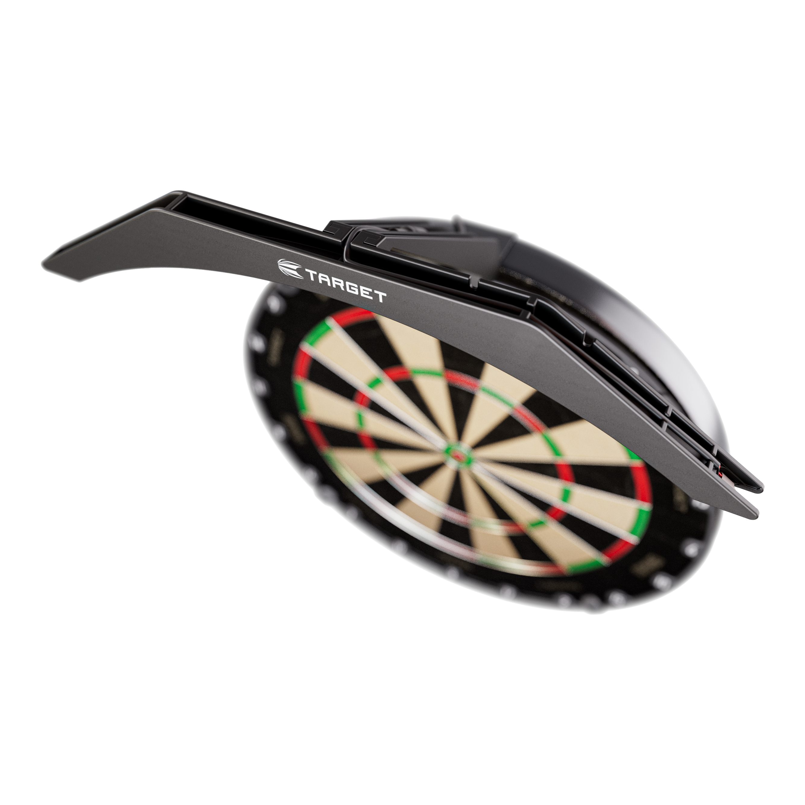 Target ARC V2 Dartboard Lighting Das Bild zeigt die "Target ARC V2 Dartboard Beleuchtung", die über einem Dartboard angebracht ist. Die Beleuchtung sorgt für optimale Ausleuchtung der Dartscheibe beim Spielen.