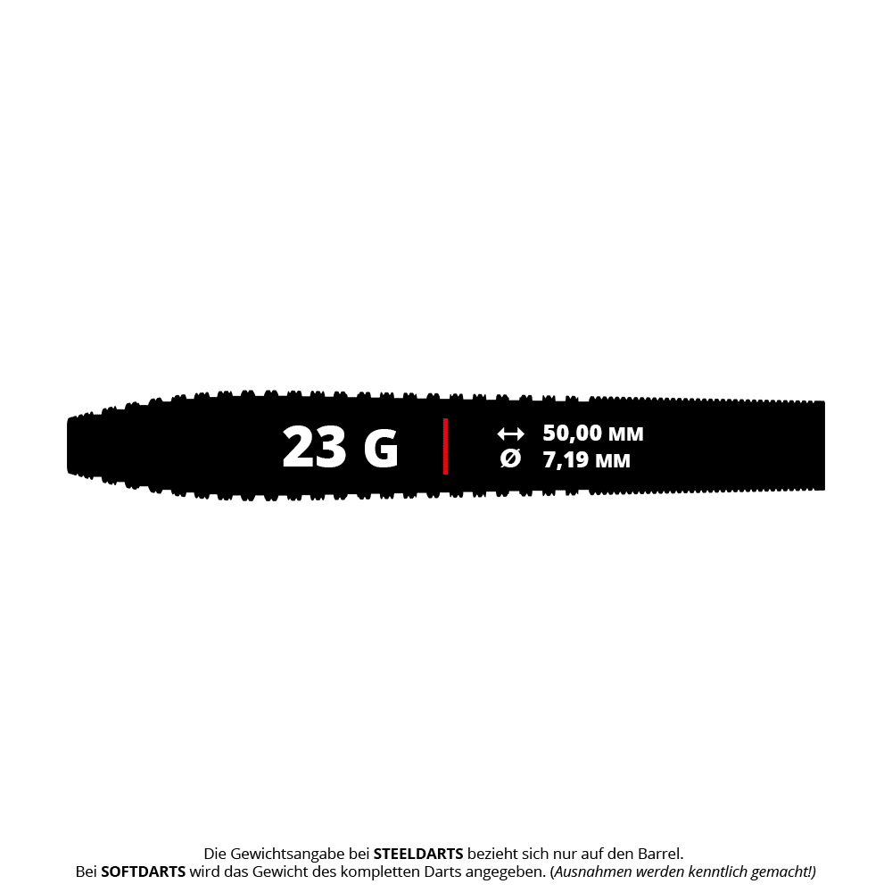 Bulls NL Romeo Grbavac steel darts - 23g Das Bild zeigt die Produktinformationen des "Bulls NL Romeo Grbavac Steeldarts - 23g". Der Dart wiegt 23 Gramm, ist 50,00 mm lang und hat einen Durchmesser von 7,19 mm.