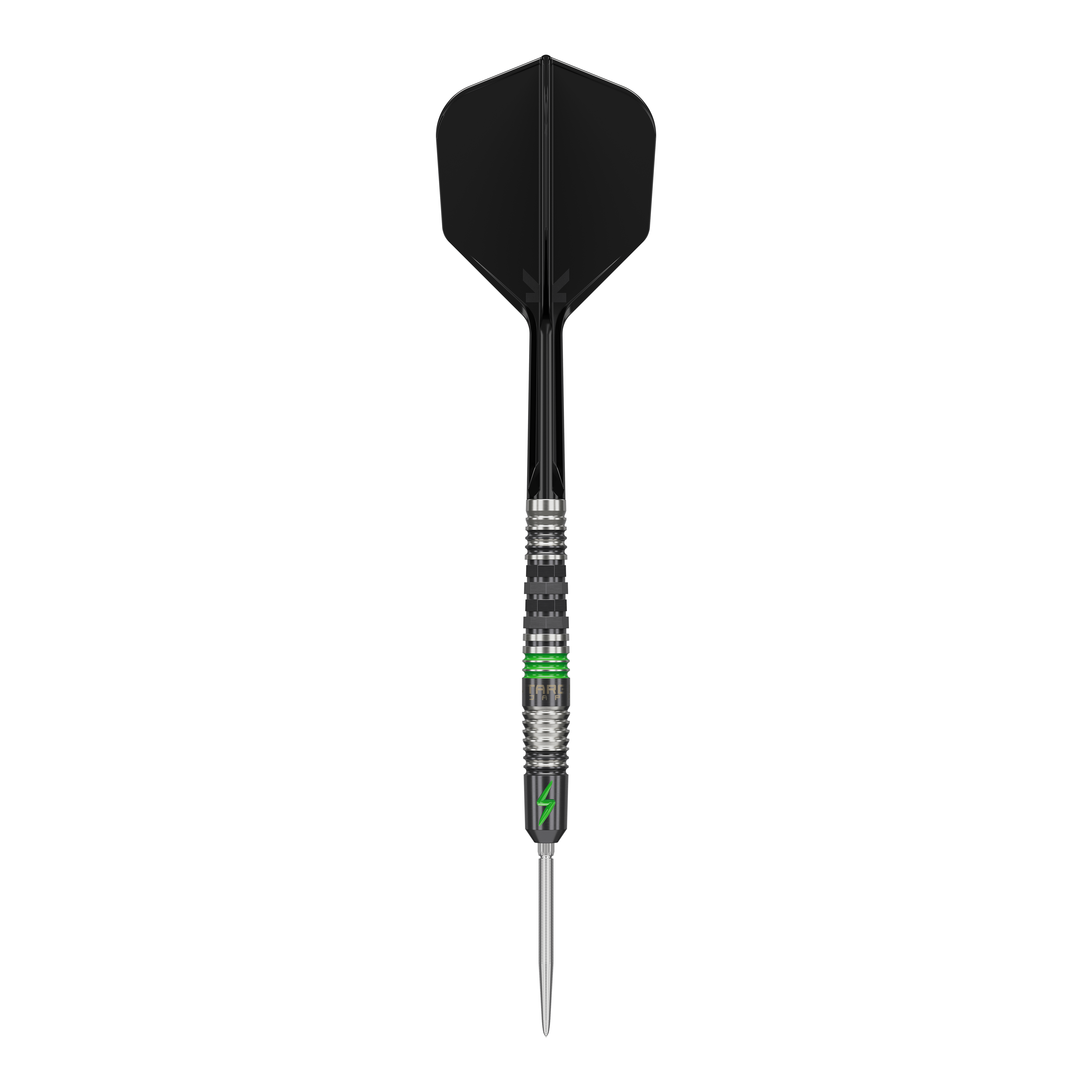 Target Japan Black Marque Lightning 3 SP steel darts Das Bild zeigt einen Target Japan Black Marque Lightning 3 SP Steeldart. Der Dartpfeil hat ein schwarzes Flight und Details in Silber und Grün am Schaft.