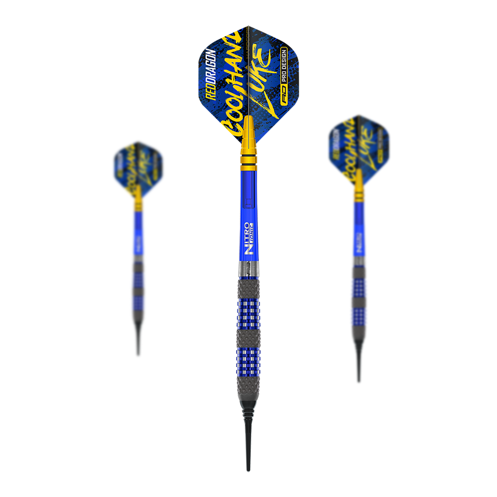 Red Dragon Luke Humphries TX2 Atomised Softdarts - 18g Das Bild zeigt drei Softdarts des Modells "Red Dragon Luke Humphries TX2 Atomised" mit einem Gewicht von 18g. Die Darts sind in Blau und Gelb gehalten und haben auffällige Flights mit der Aufschrift „Cool Hand Luke“.