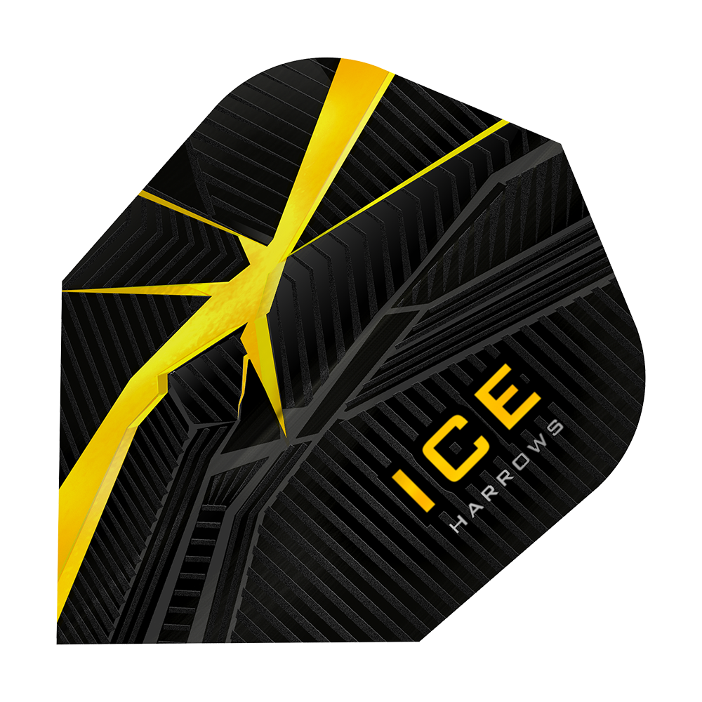 HR3405_Harrows_Ice_Recut_Gelb_Standard_Flights_1 Das Bild zeigt ein Harrows Ice Recut Standard Dartflight. Das Flight ist überwiegend schwarz mit gelben Akzenten und dem Schriftzug "ICE HARROWS" in gelber Farbe.