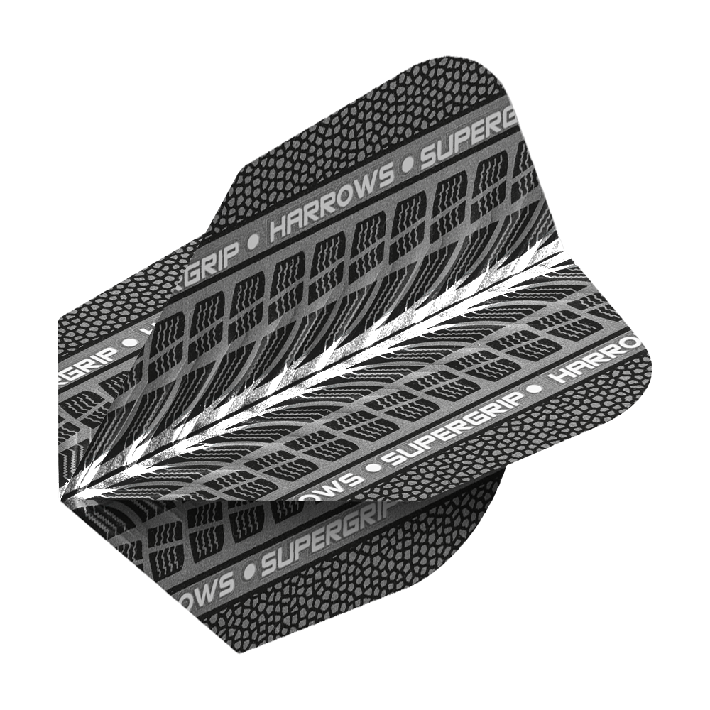 Hier sind Harrows Supergrip Weiß No6 Flights zu sehen. Das Produkt besteht aus weiß gefärbten Dart-Flights.