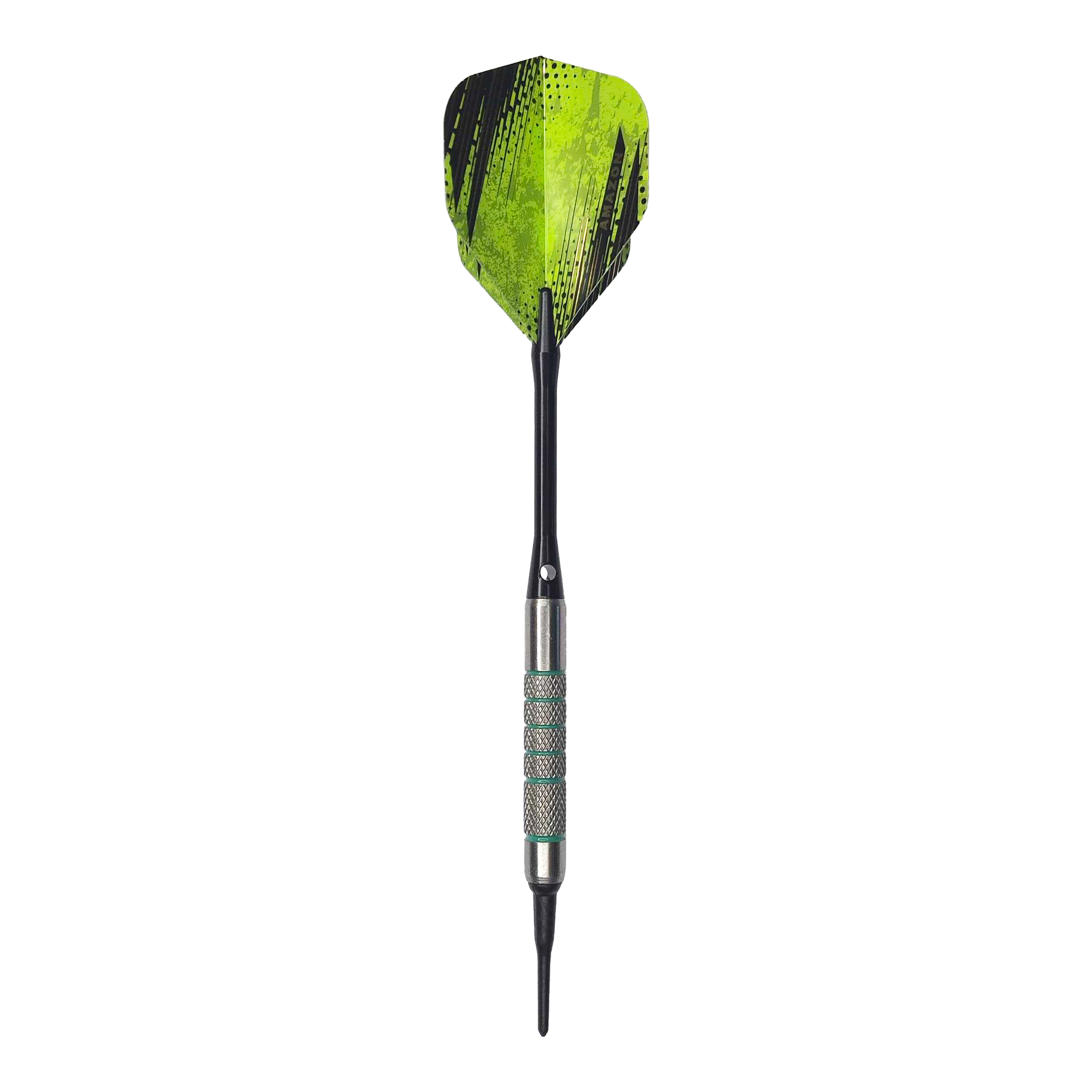 McDart 85 Tungsten V7 soft darts - 16.5g Der abgebildete Dart ist der „McDart 85er Tungsten V7 Softdart“ mit einem Gewicht von 16,5 Gramm. Er hat ein auffälliges grünes Flight-Design und einen griffigen, silberfarbenen Barrel.