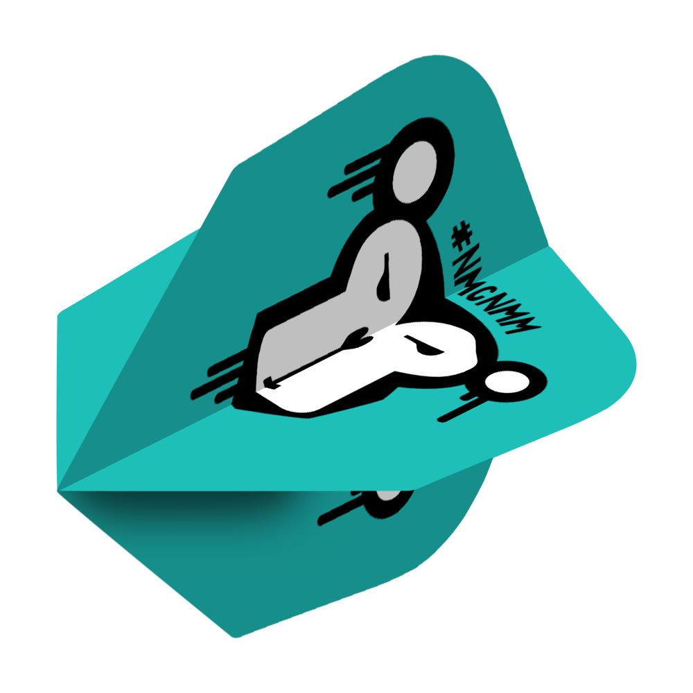 Not My Circus Not My Monkeys NMCNMM Standard Flights Das Bild zeigt ein türkisfarbenes Dart-Flügel mit zwei stilisierten Figuren darauf. Daneben steht der Schriftzug "#NMCNMM".