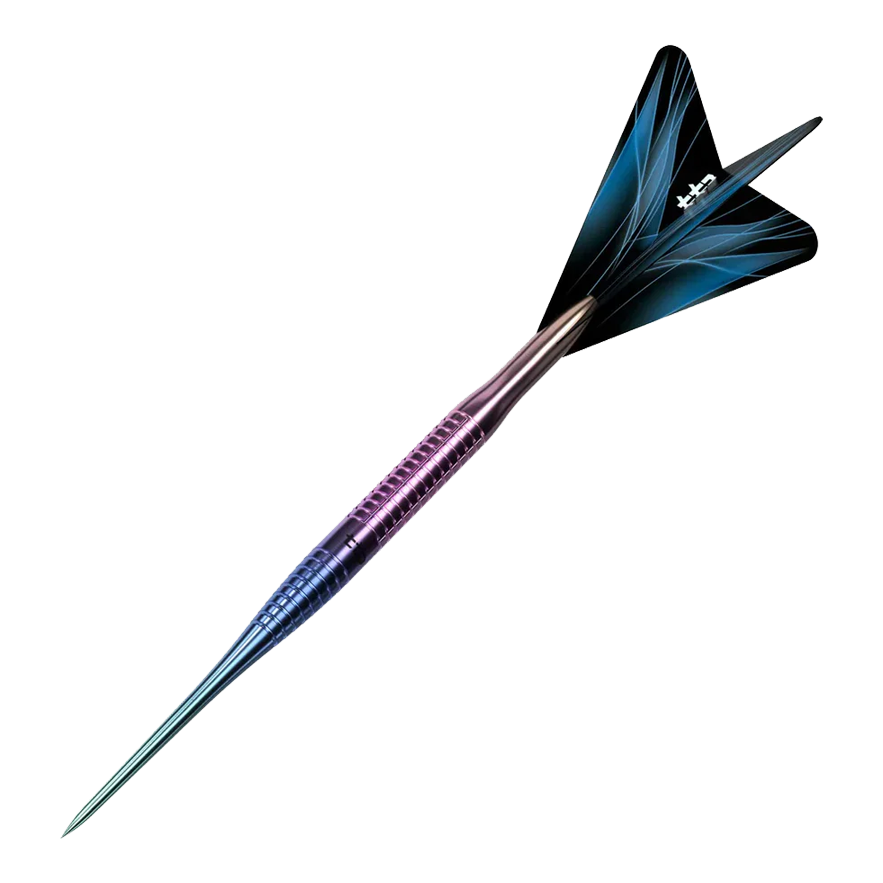 Abgebildet ist der Caliburn TTD Complete Titanium T3 Rainbow Steeldarts - 7g. Der Dartpfeil weist eine schillernde Regenbogen-Optik auf.