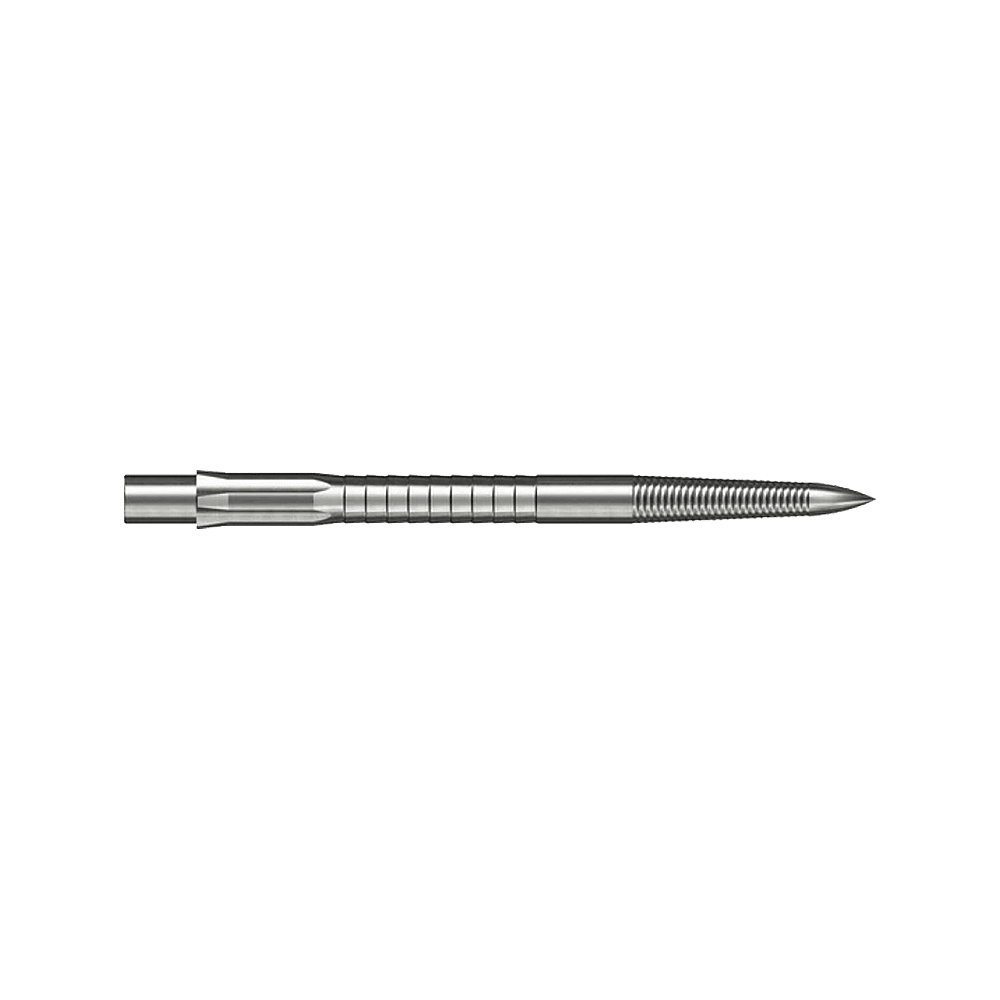 Das Bild zeigt eine silberne Steeldartspitze mit feinen Rillen für besseren Halt. Die Spitze ist gerade und misst 32 mm in der Länge.