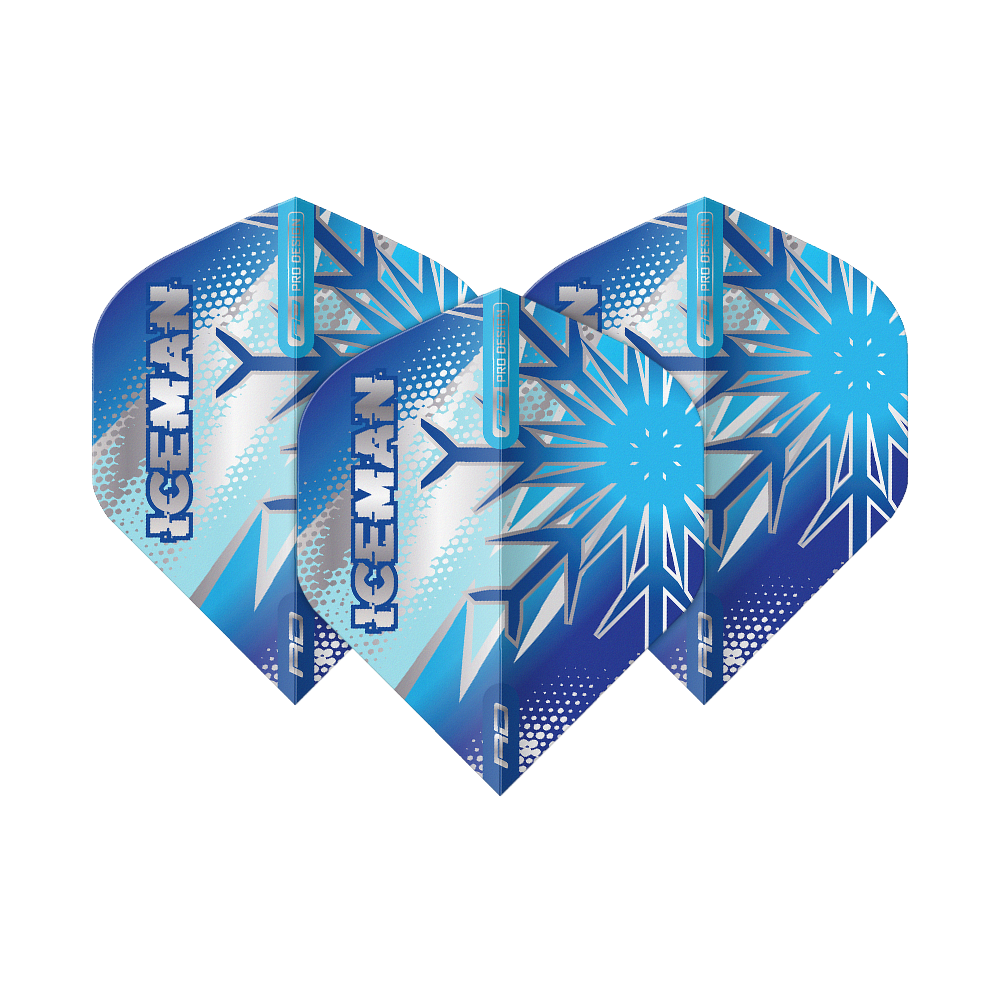 Red Dragon Gerwyn Price Blue Flake No2 Standard Flights Das Bild zeigt drei blaue Dart-Flights mit Eiskristall-Muster und dem Schriftzug "ICEMAN". Die Flights sind das Produkt "Red Dragon Gerwyn Price Blue Flake No2 Standard Flights".