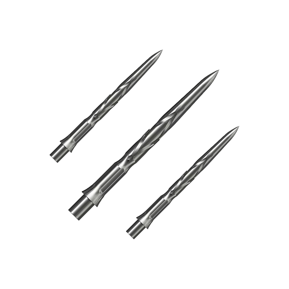 Caliburn System steel dart tips - HAN G2 - Silver Auf dem Bild sind drei silberne Steeldartspitzen zu sehen. Sie haben eine spitz zulaufende Form mit eingeritztem Muster.