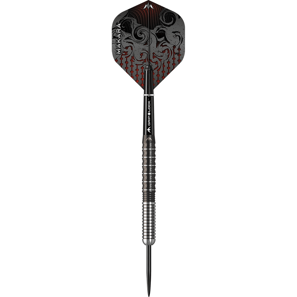 Mission Makara M1 Steeldarts Dies ist ein Steeldart des Modells "Mission Makara M1". Der Dart hat ein auffälliges Design mit schwarzen und roten Mustern auf dem Flight und einem silber-schwarzen Griff.