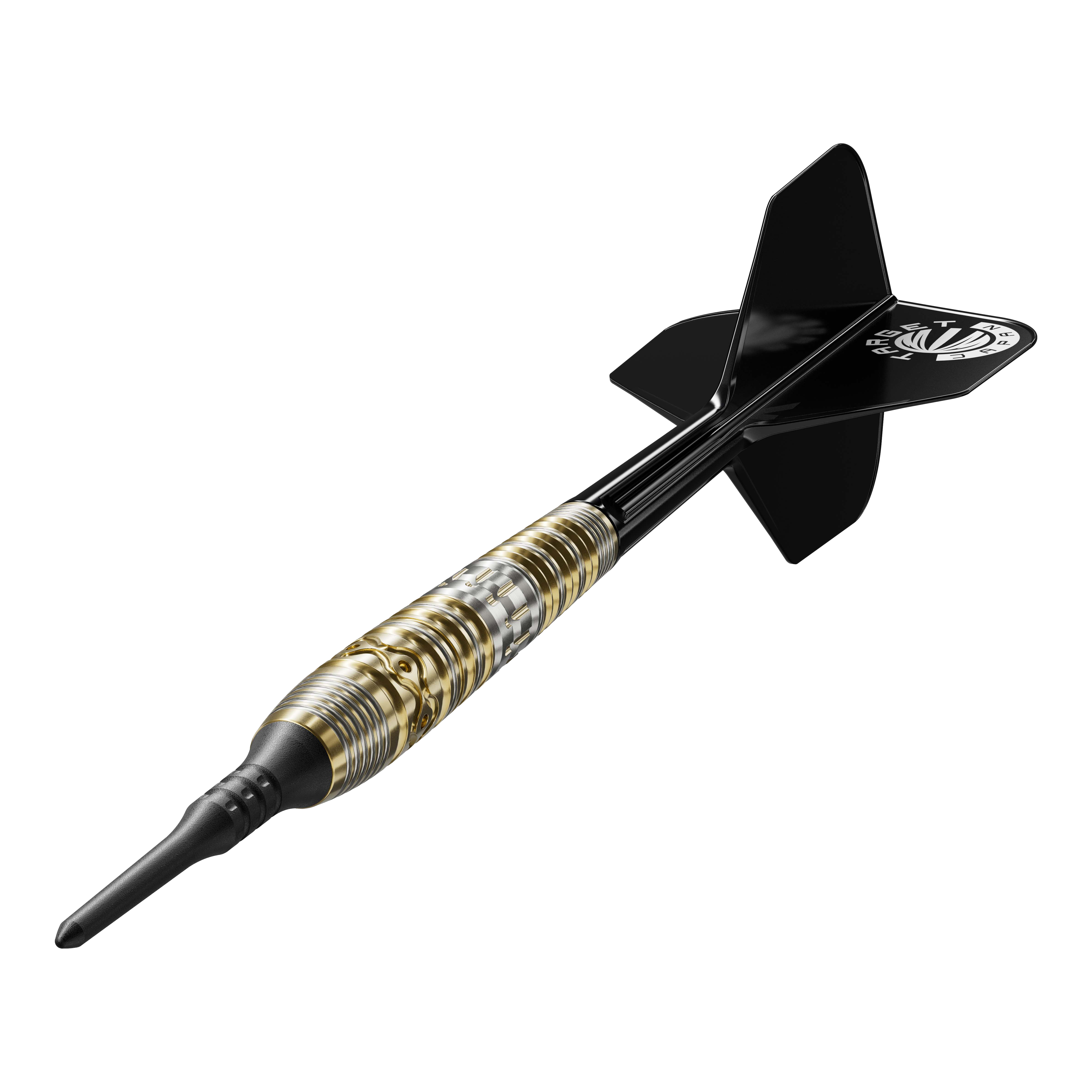 Target Japan Hot Shot GEN2 Soft Darts - 19g Das Bild zeigt einen Softdartpfeil namens "Target Japan Hot Shot GEN2 Softdarts - 19g". Der Dart hat ein schwarz-goldenes Design mit einer schwarzen Spitze und schwarzen Flights.