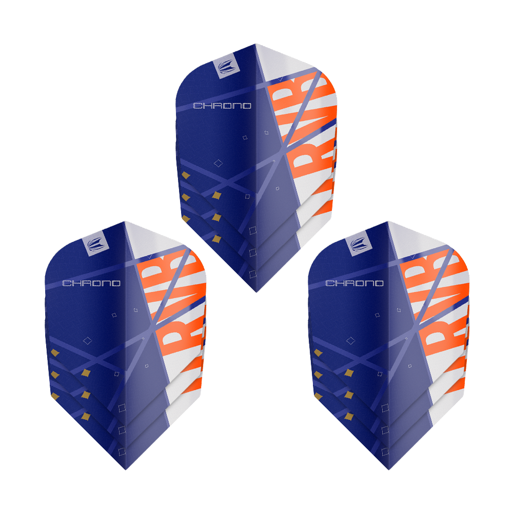 Das Bild zeigt drei Sätze von Target Pro Ultra Raymond Van Barneveld Chrono No6 Flights für Darts. Die Flights sind hauptsächlich blau mit orange-weißen Akzenten und geometrischem Design.