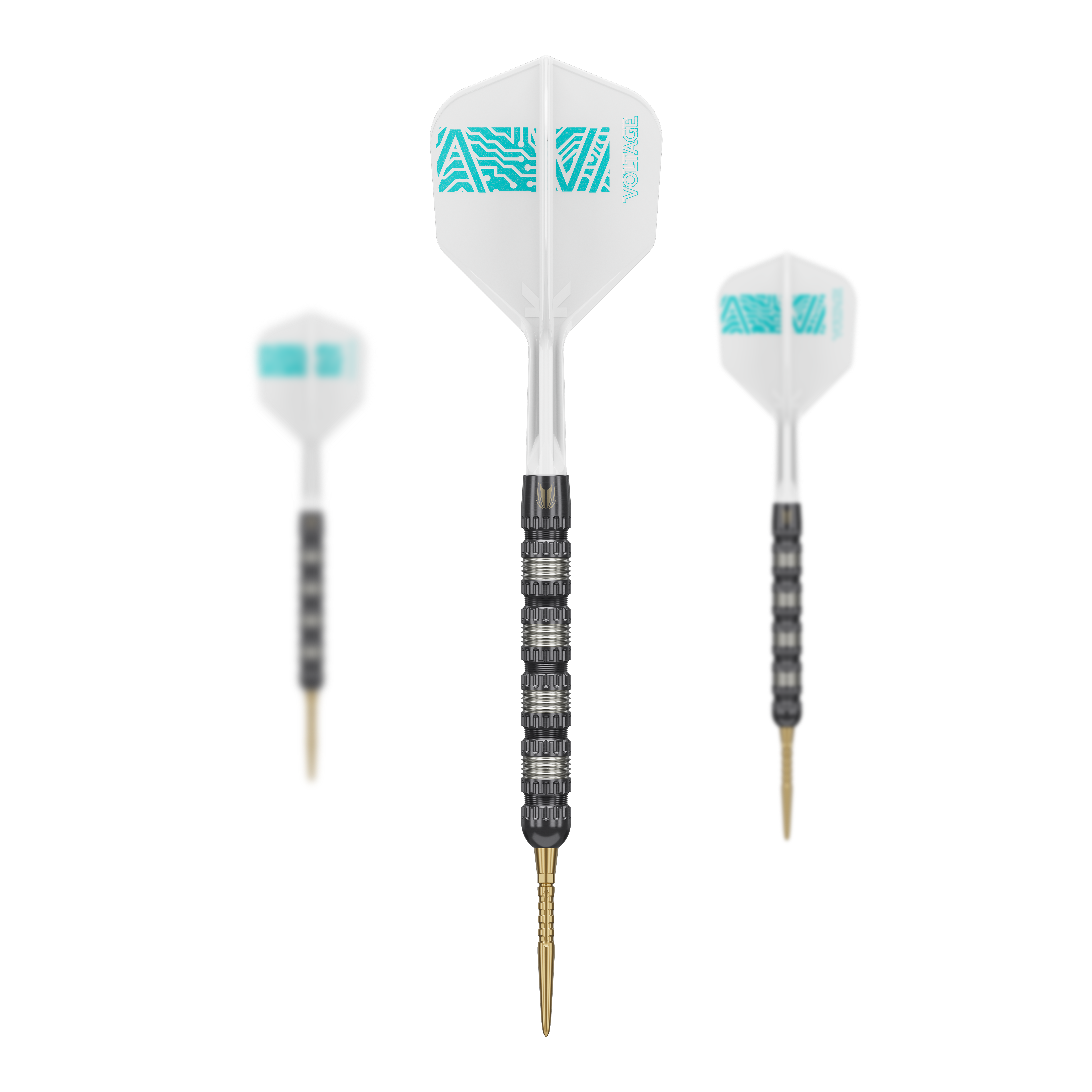 Target Rob Cross 95K Swiss Point Steel Darts Das Bild zeigt drei Target Rob Cross 95K Swiss Point Steeldarts. Die Darts haben schwarze Griffe, goldene Spitzen und weiße Flights mit türkisfarbenem Muster.