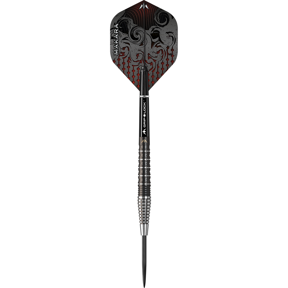 Mission Makara M2 steel darts - 23g Das Bild zeigt einen Mission Makara M2 Steeldart mit einem Gewicht von 23 Gramm. Der Dart hat ein auffälliges Design mit schwarzen und roten Verzierungen auf dem Flight.