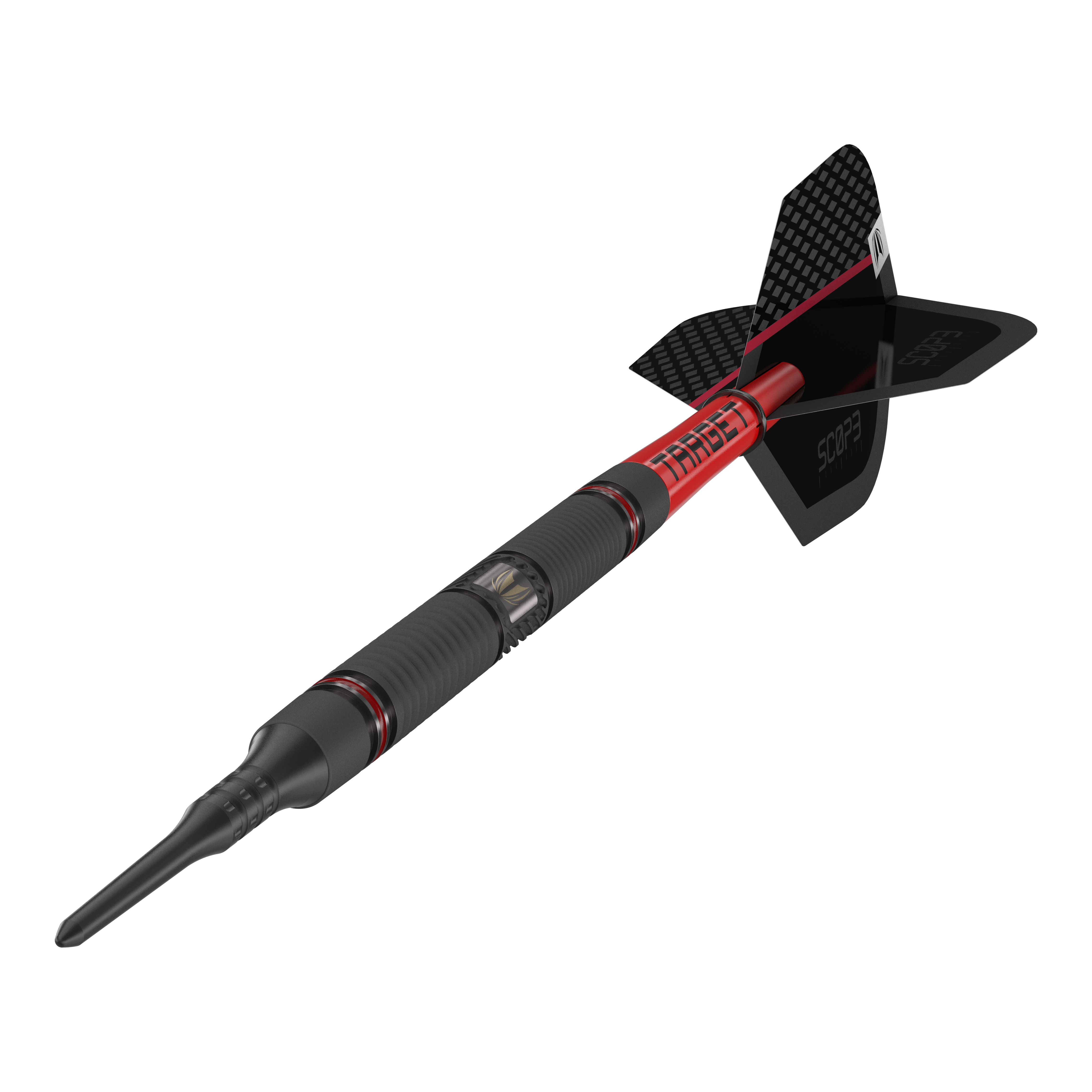 Target Scope 10 Soft Darts Das Bild zeigt einen modernen Softdart mit dem Namen "Target Scope 10 Softdarts". Der Dart ist schwarz und rot gestaltet und hat eine auffällige, strukturierte Oberfläche sowie eine schwarze Flight.