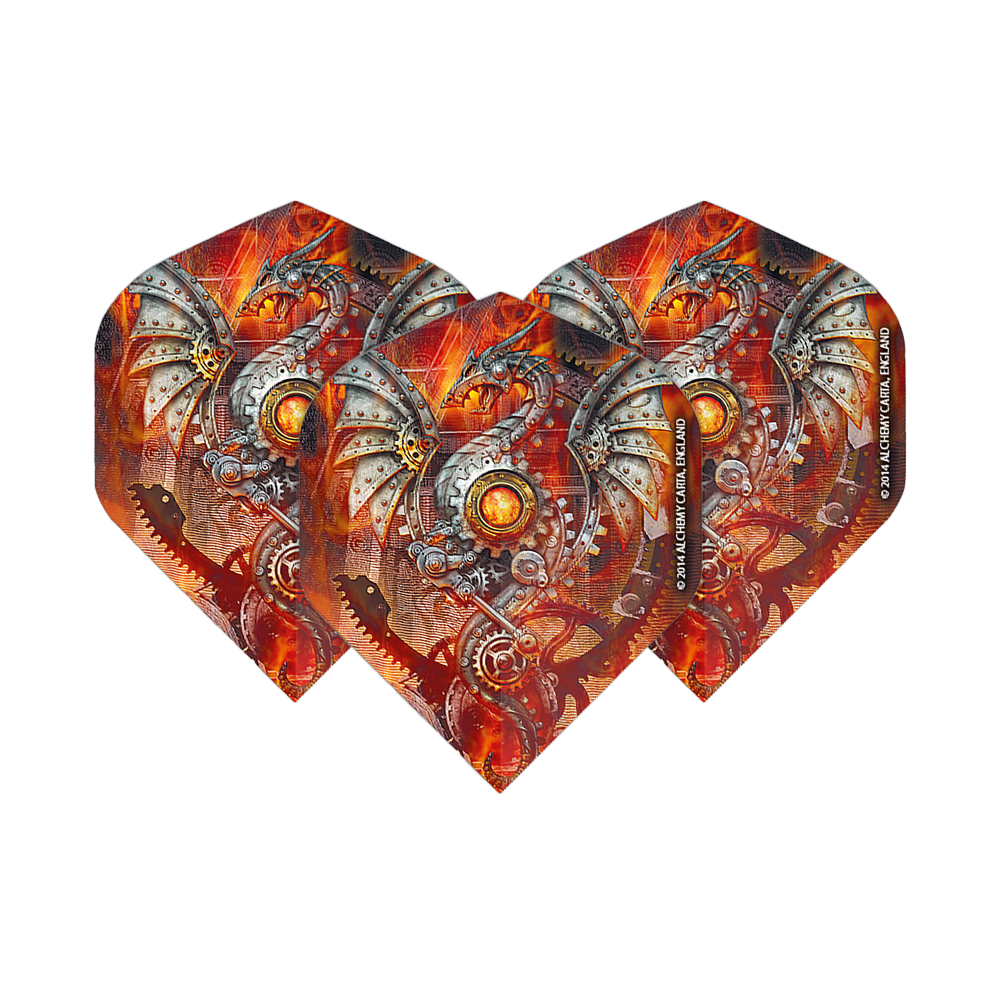 Alchemy Tech Dragon No2 Standard Flights Das Bild zeigt drei Dart-Flights mit einem mechanischen Drachenmotiv in leuchtenden Orange- und Silbertönen. Die Flights sind das Produkt "Alchemy Tech Dragon No2 Standard Flights".