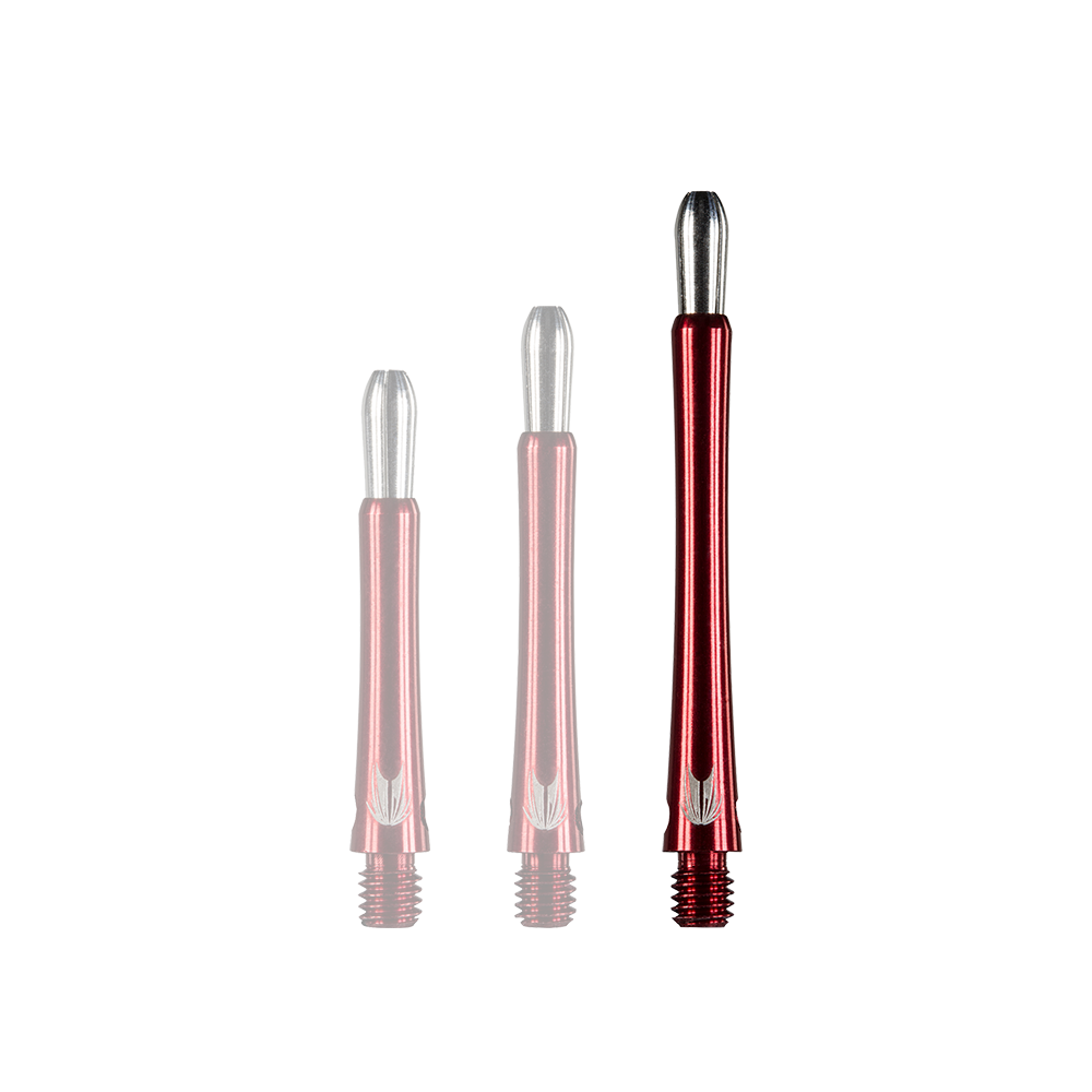 Das Bild zeigt drei rote Aluminium-Dartschäfte in unterschiedlichen Längen. Die Schäfte sind glänzend und unten mit einem Gewinde versehen.