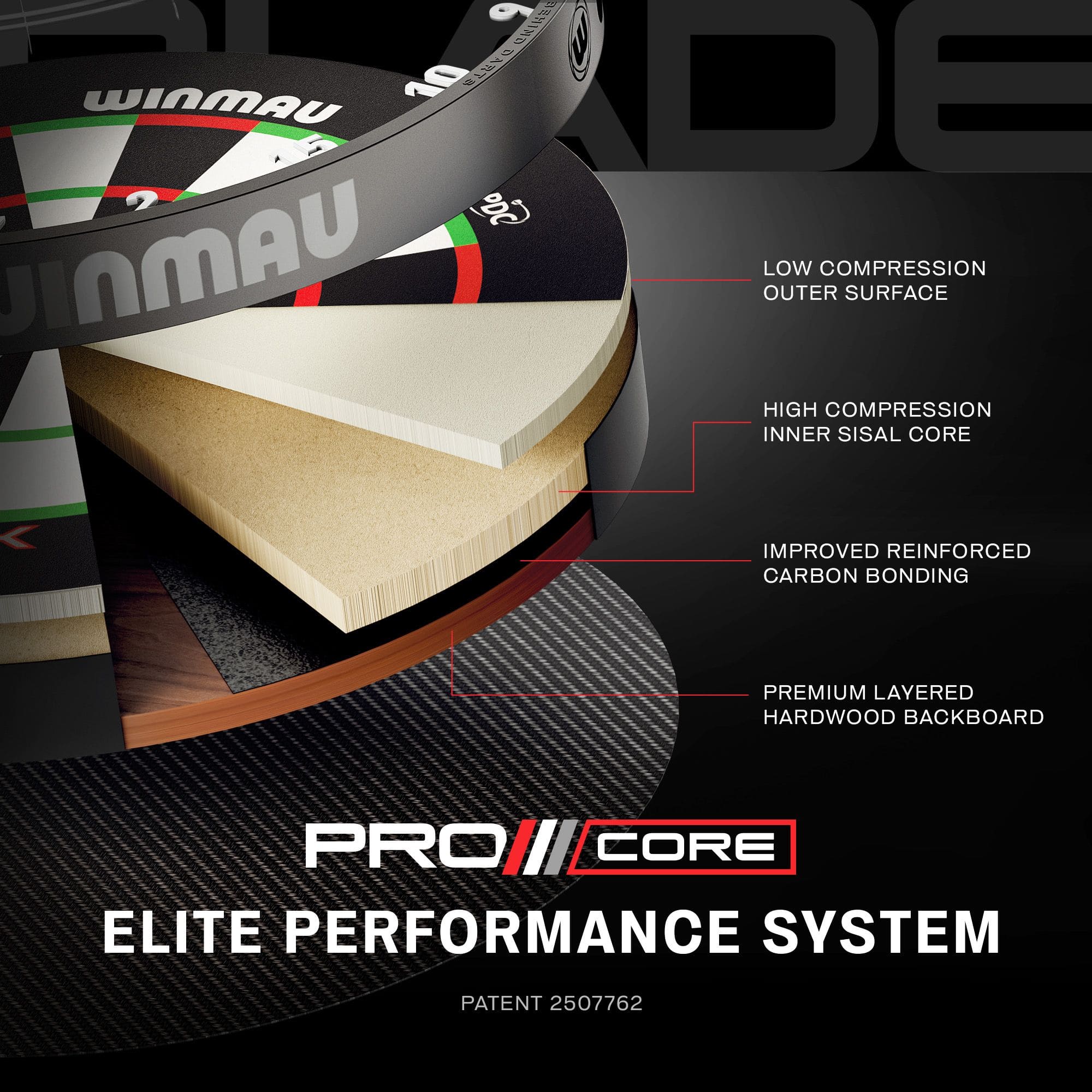 Winmau Blade X ProCore steel dartboard Das Bild zeigt einen weiteren Blick auf das Winmau Blade X ProCore Steeldartboard. Die Aufnahme fokussiert auf die Oberfläche und das Segment-Design.