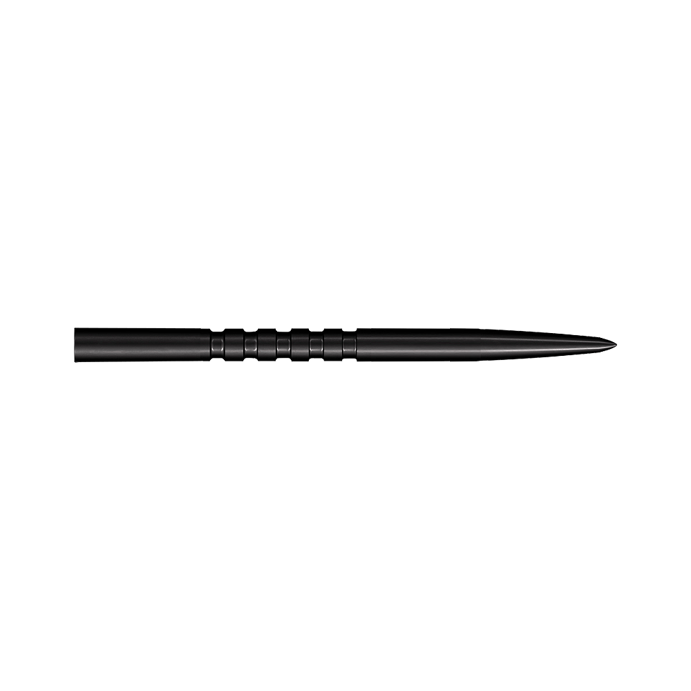 Shot Grip Point steel dart tips - Black Auf dem Bild ist eine schwarze Stahl-Dartspitze mit Rillen in der Mitte zu sehen. Sie ist lang und hat eine spitze Form.