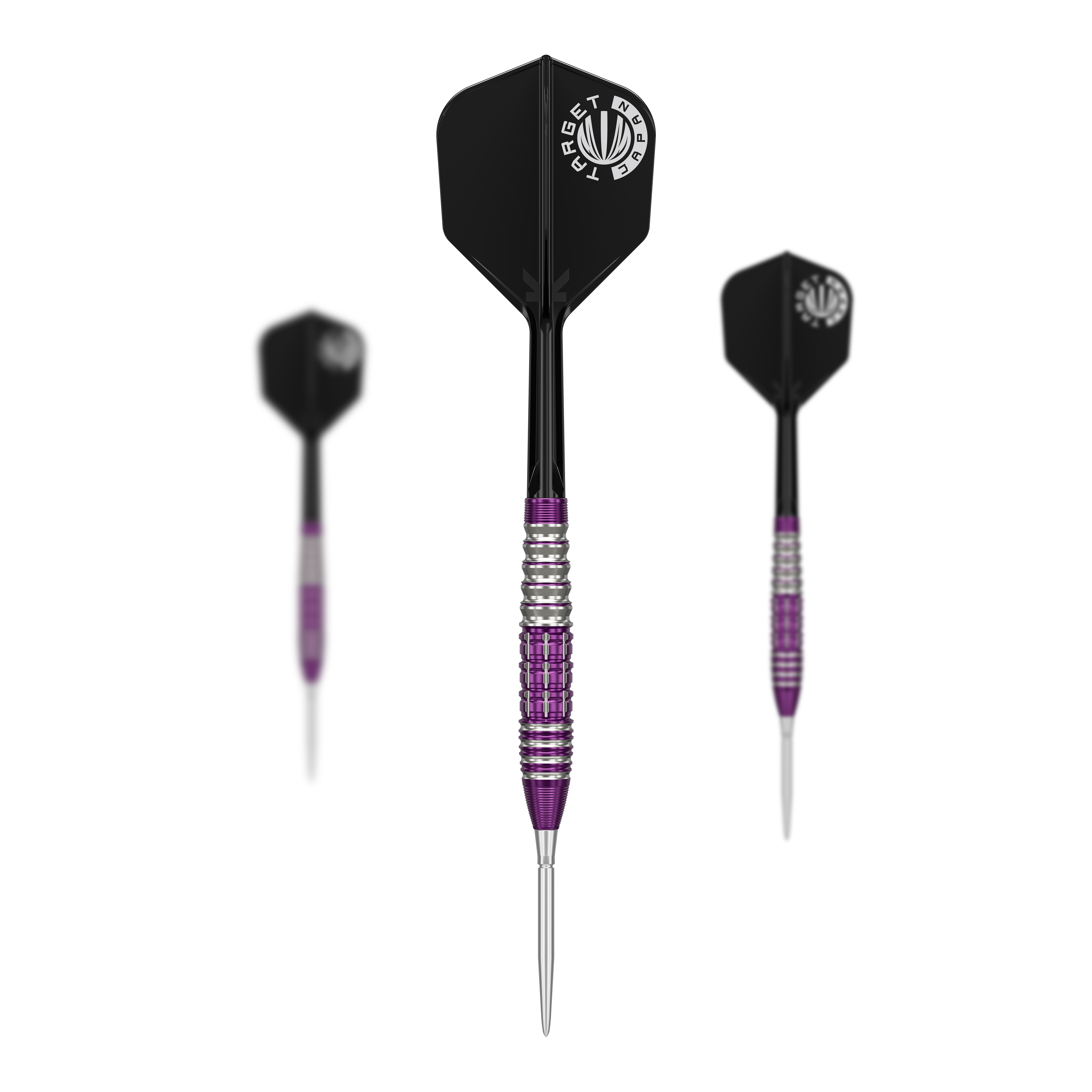 Target Japan Prime Series Tung Suk Zenith GEN1 Swiss Point Steeldarts - 23g Das Bild zeigt drei Steeldarts der Marke "Target Japan Prime Series Tung Suk Zenith GEN1 Swiss Point" mit einem Gewicht von 23g. Die Darts haben silberne und lila Akzente sowie schwarze Flights mit weißem Logo.