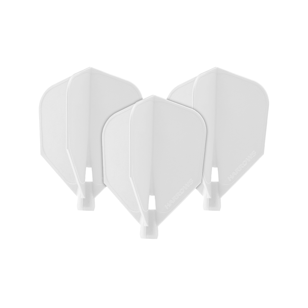 HRC-110_Harrows_Clic_Standard_Flight_White_1iofFBB9vGdUcq Das Bild zeigt drei weiße Harrows Clic Standard Flights. Sie sind Zubehörteile für Dartpfeile.