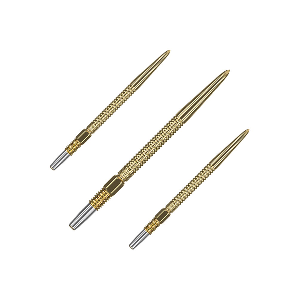 Target Swiss Point Nano Dartspitzen - Black Das Bild zeigt drei goldene Dartspitzen des Produkts "Target Swiss Point GRD Gold Dartspitzen". Die Spitzen sind fein gearbeitet und haben einen metallischen Glanz.