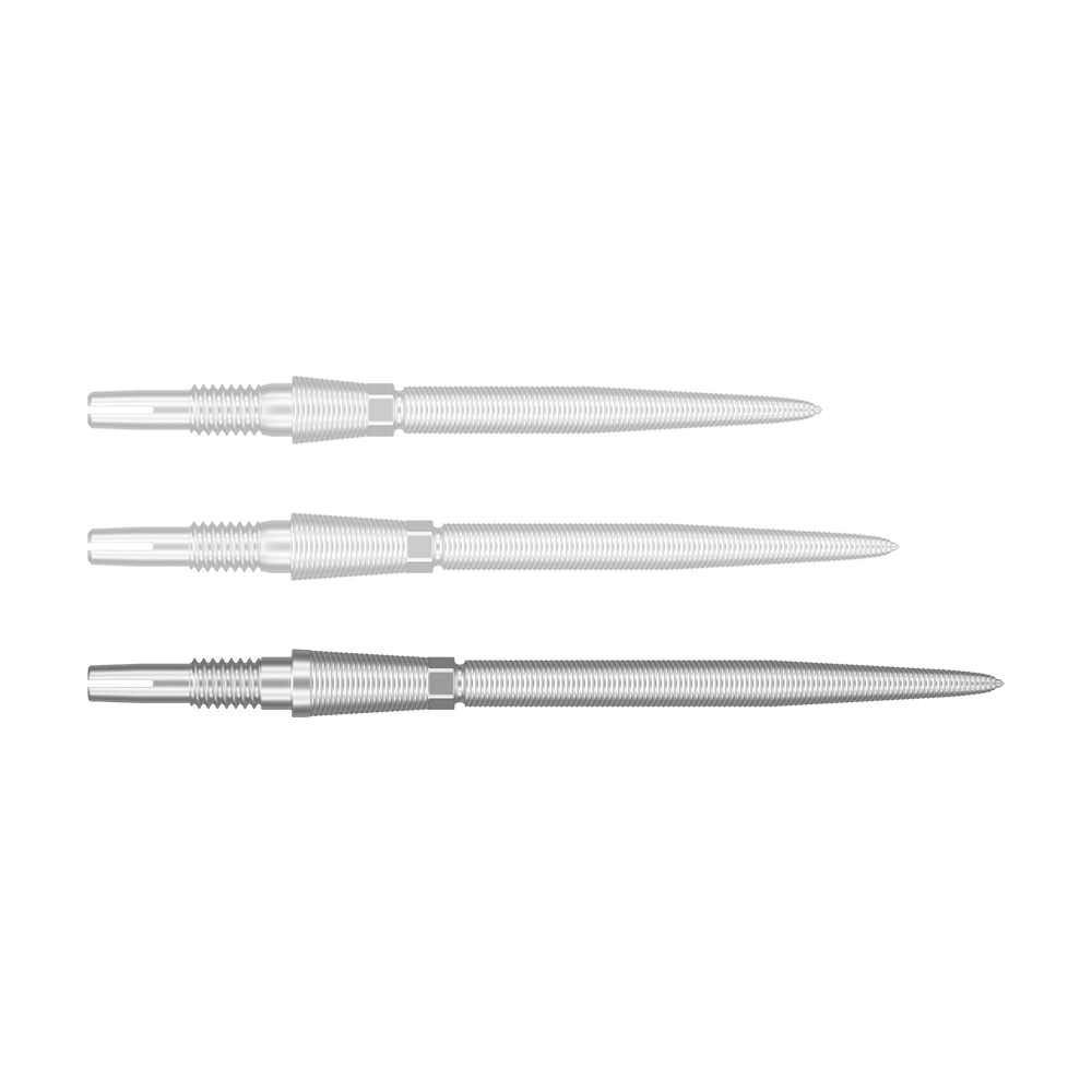 Auf dem Bild sind drei silberne Dartspitzen in einer Reihe zu sehen. Sie sind lang, schmal und besitzen ein feines Rillenmuster.