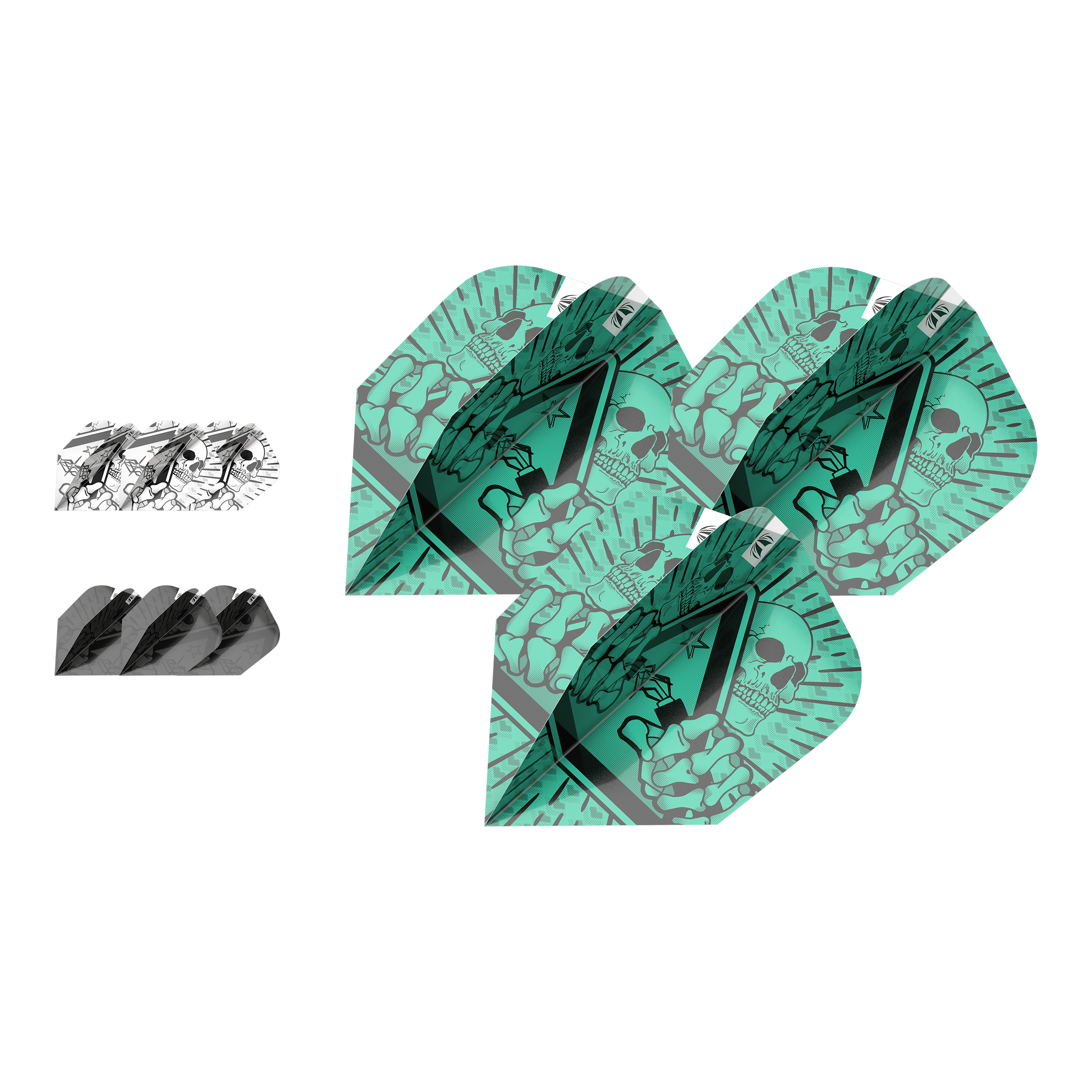 Target Ink Bundle 3 Sets Rob Cross Ten-X Flights Das Bild zeigt das Produkt „Target Ink Bundle 3 Sets Rob Cross Ten-X Flights“. Es sind drei verschiedene Dart-Flights mit auffälligen Mustern zu sehen, darunter ein grünes Design mit Totenkopf.