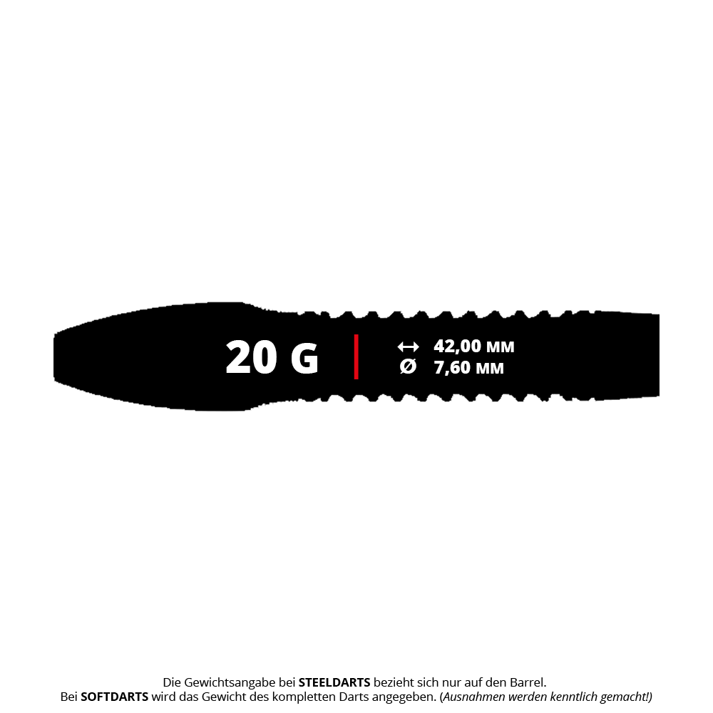 Caliburn Wolfpack W4 steel darts - 20g Das Bild zeigt die Produktdetails der Caliburn Wolfpack W4 Steeldarts mit 20 Gramm Gewicht. Die Länge des Barrels beträgt 42,00 mm und der Durchmesser 7,60 mm.