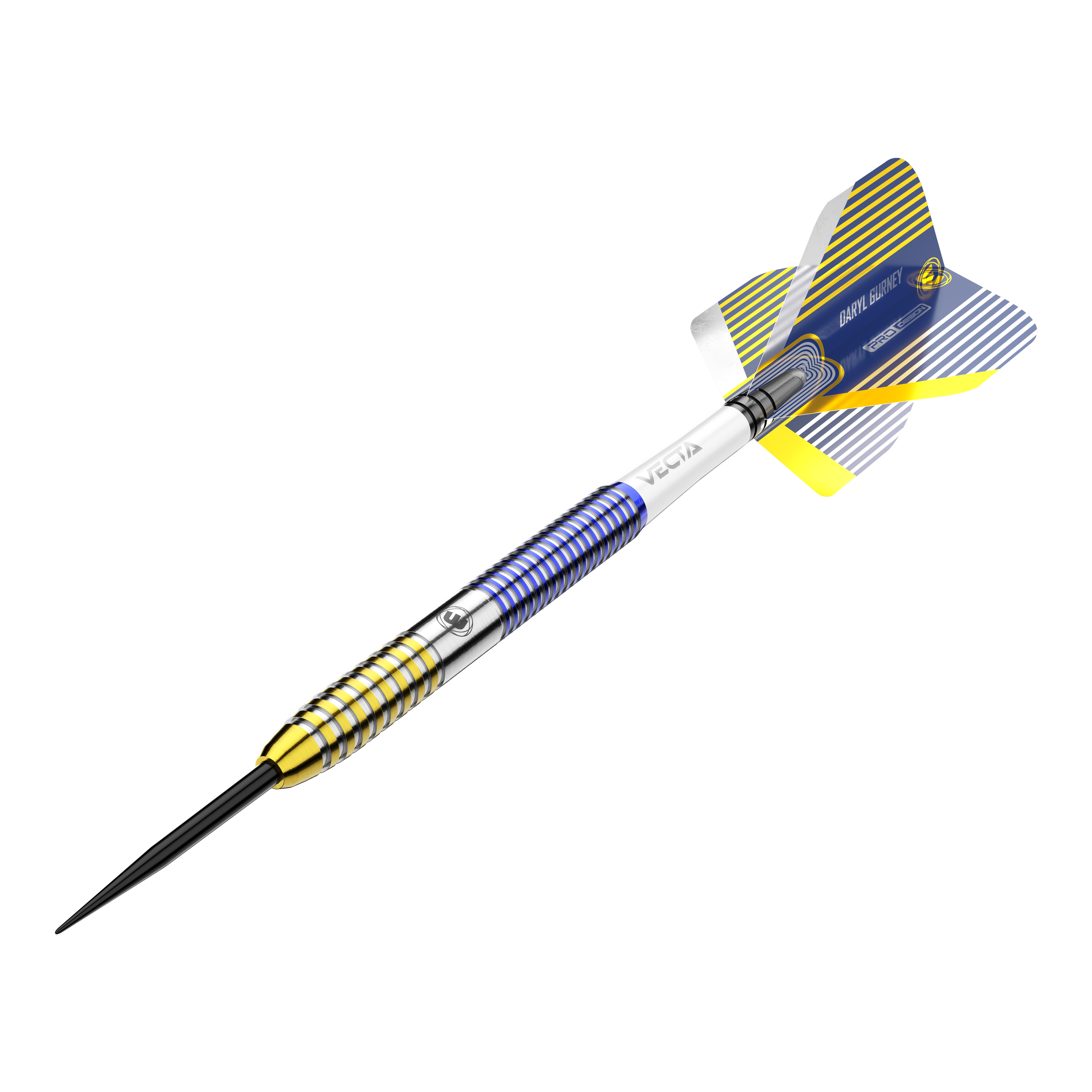 Winmau Daryl Gurney SC 1.0 Series Steeldarts - 23g Das Bild zeigt einen Winmau Daryl Gurney SC 1.0 Series Steeldart mit einem Gewicht von 23g. Der Dart ist bunt gestaltet, hauptsächlich in Blau, Gelb und Silber.