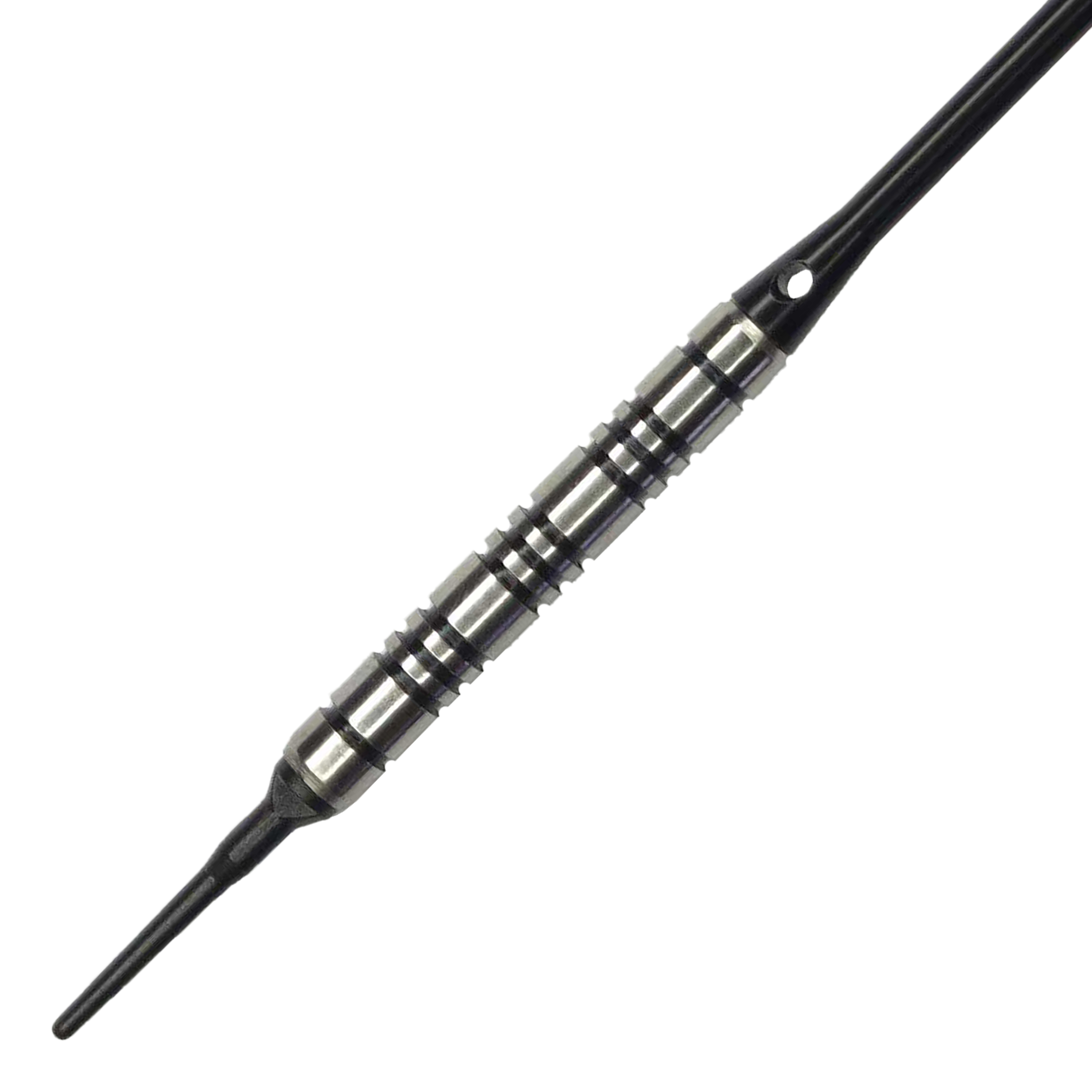 McDart 85 Tungsten V2 soft darts - 17g Das Bild zeigt einen McDart 85er Tungsten V2 Softdart mit einem Gewicht von 17g. Der Dart besteht aus silbernem Metall mit schwarzen Rillen und besitzt eine schwarze Kunststoffspitze.