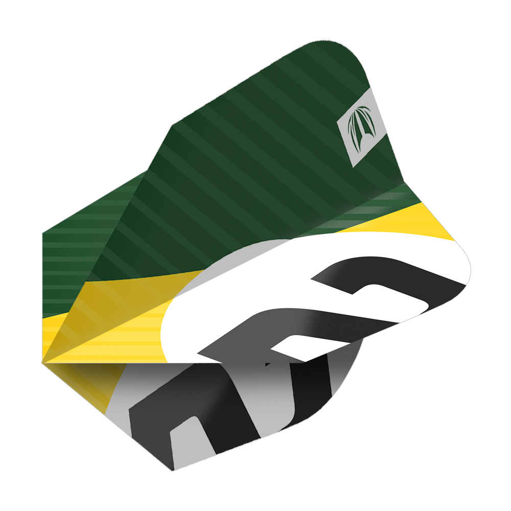 337209_Target_ProUltra_3Sets_Chicane_Green_Ten-X_Flights_2jiFHXf12YQdOR Das Bild zeigt das Produkt "Target Pro Ultra Chicane Green Ten-X Flights - 3 Sets". Die Flights sind überwiegend grün mit gelben und weißen Akzenten sowie einem markanten schwarzen Aufdruck.