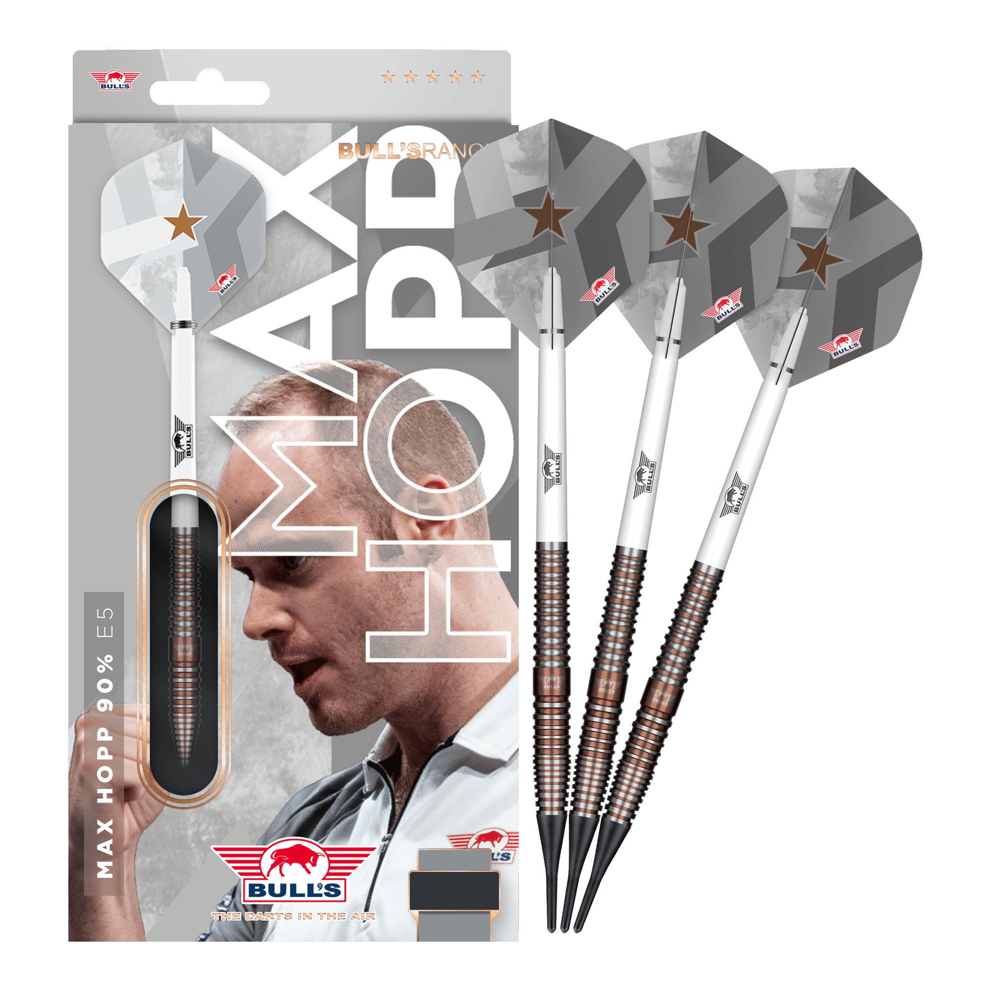 Zu sehen ist das Set Bulls NL Max Hopp E5 Softdarts im Gewicht 20g. Die Darts sind ideal für Softdart-Enthusiasten geeignet.