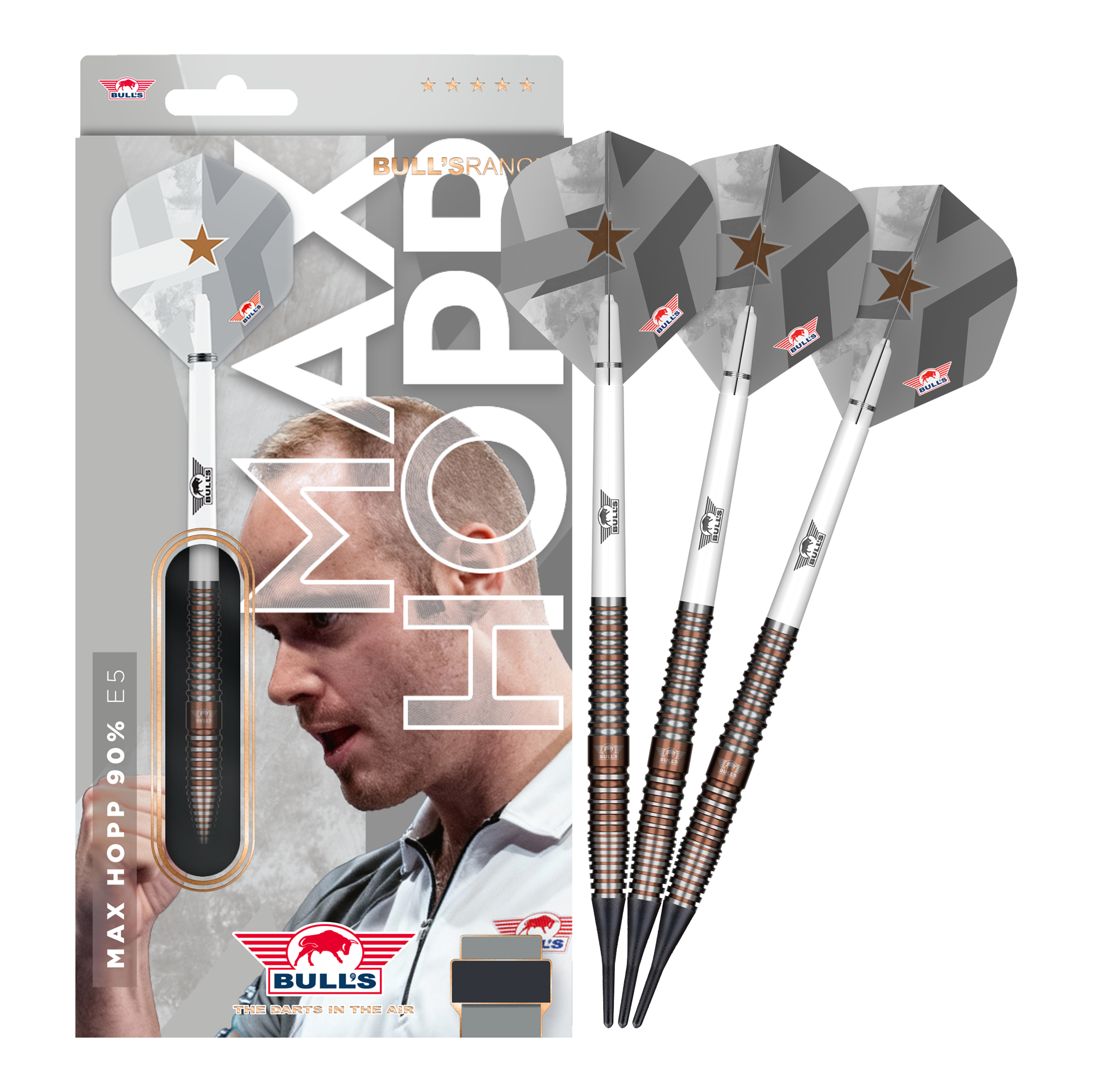 Bulls NL Max Hopp E5 soft darts - 20g Zu sehen ist das Set Bulls NL Max Hopp E5 Softdarts im Gewicht 20g. Die Darts sind ideal für Softdart-Enthusiasten geeignet.