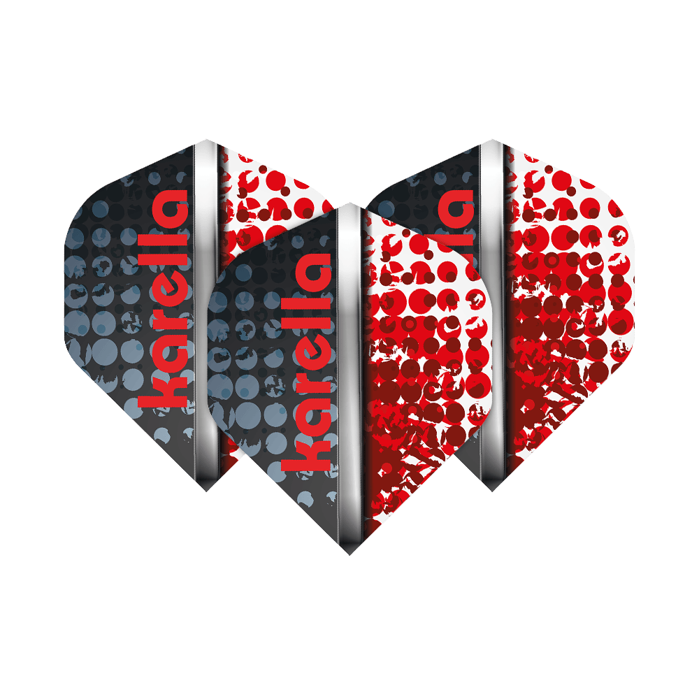 8032-12_Karella_XT-5_No2_Standard_Flights_1RyyNznHgW0ohR Auf dem Bild sind Karella XT-5 No2 Standard Flights zu sehen. Die Flights haben ein modernes Design mit roten und grauen Punktmustern sowie dem Schriftzug "karella" auf der Vorderseite.