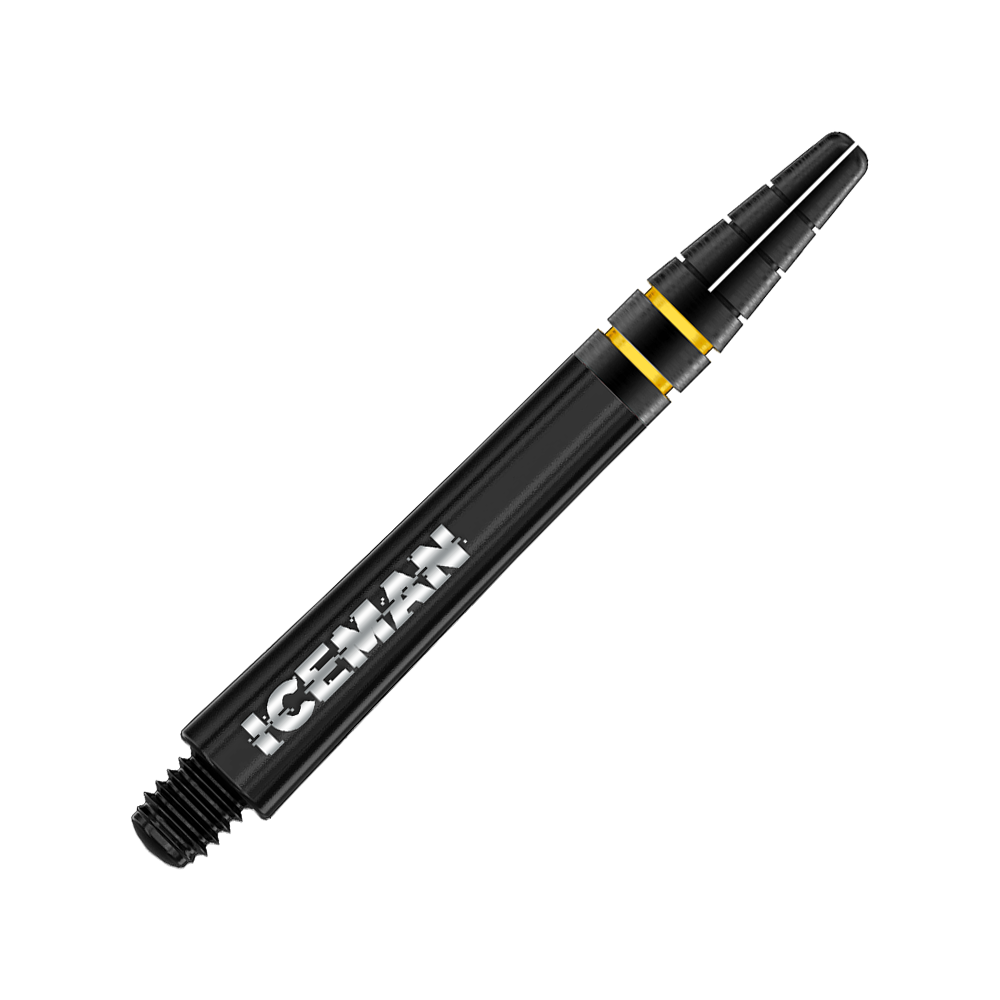 Das Bild zeigt einen schwarzen Dart Shaft mit der Aufschrift "ICEMAN" und goldenen Akzenten. Es handelt sich um das Produkt "Red Dragon Nitrotech Gerwyn Price Shafts Schwarz - 39mm".