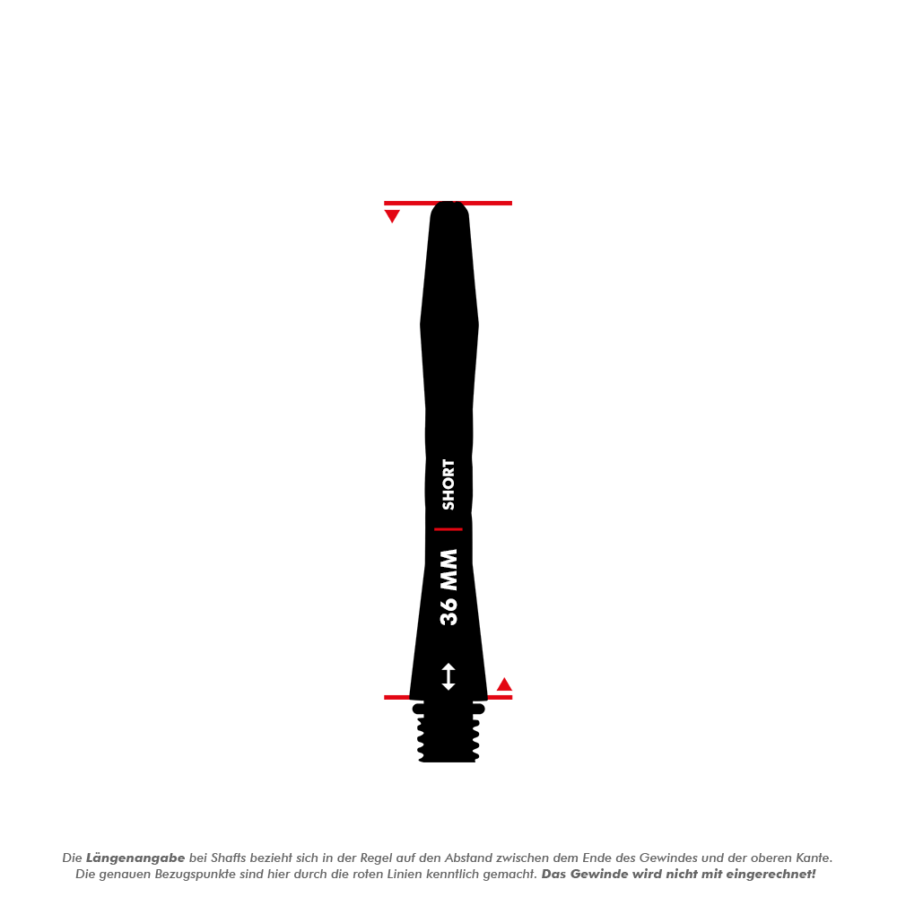 C648_Red_Dragon_Gerwyn_Price_V-Groove_Aluminium_Shafts_Black_5_36mm Das Bild zeigt einen schwarzen Aluminium-Dartshaft mit einer Länge von 36 mm. Auf dem Shaft steht "SHORT" und "36 MM" und an den Enden sind rote Markierungen.