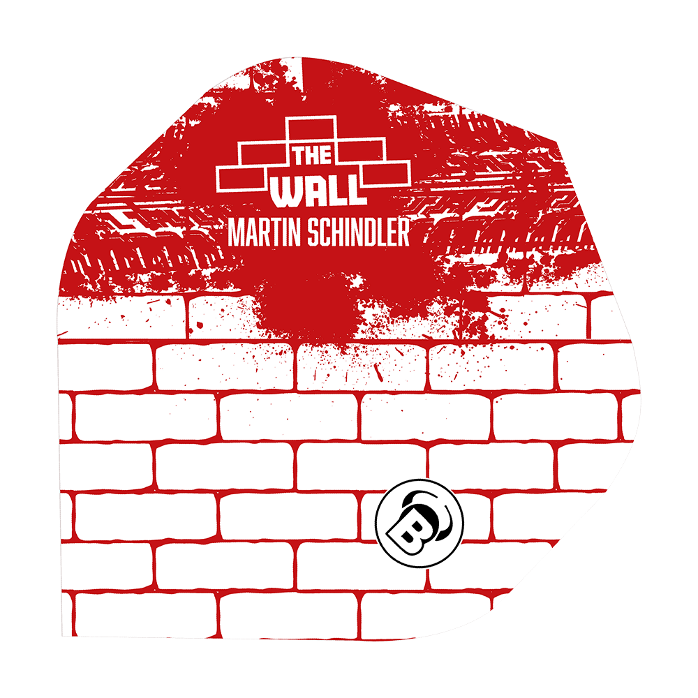 Bulls Metrixx Martin Schindler White Red No2 Standard Flights Das Bild zeigt ein Dart-Flight mit einem weißen Ziegelmuster und roten Farbspritzern. Oben steht „THE WALL MARTIN SCHINDLER“ und unten ist ein „B“-Logo abgebildet.