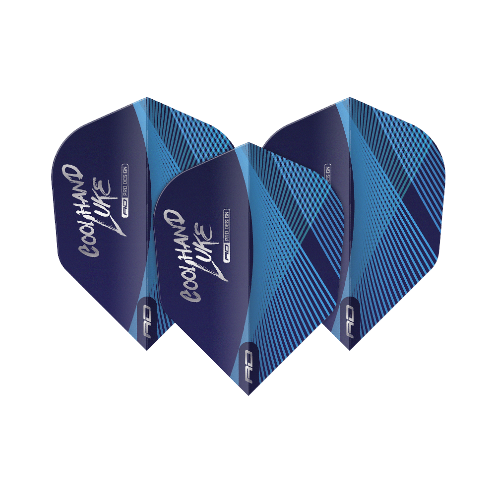 Red Dragon Luke Humphries Coolhand Blue Silver No6 Flights Das Bild zeigt drei blaue Dart-Flights mit silbernen und blauen Linienmustern. Auf den Flights steht der Schriftzug "Coolhand Luke".