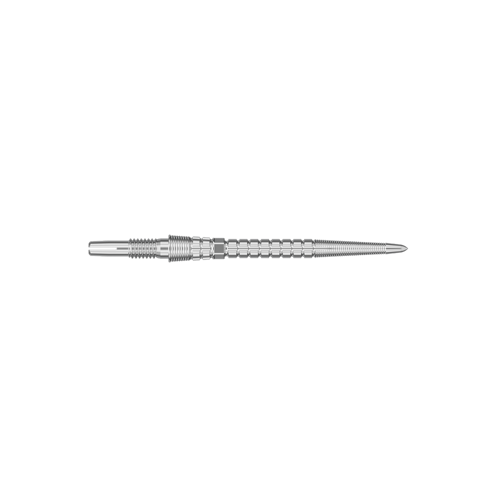 Target Chrono Swiss Storm Point Dart Tips - Silver Zwei silberfarbene Dartspitzen werden angezeigt. Die Spitzen sind parallel und nebeneinander ausgerichtet.