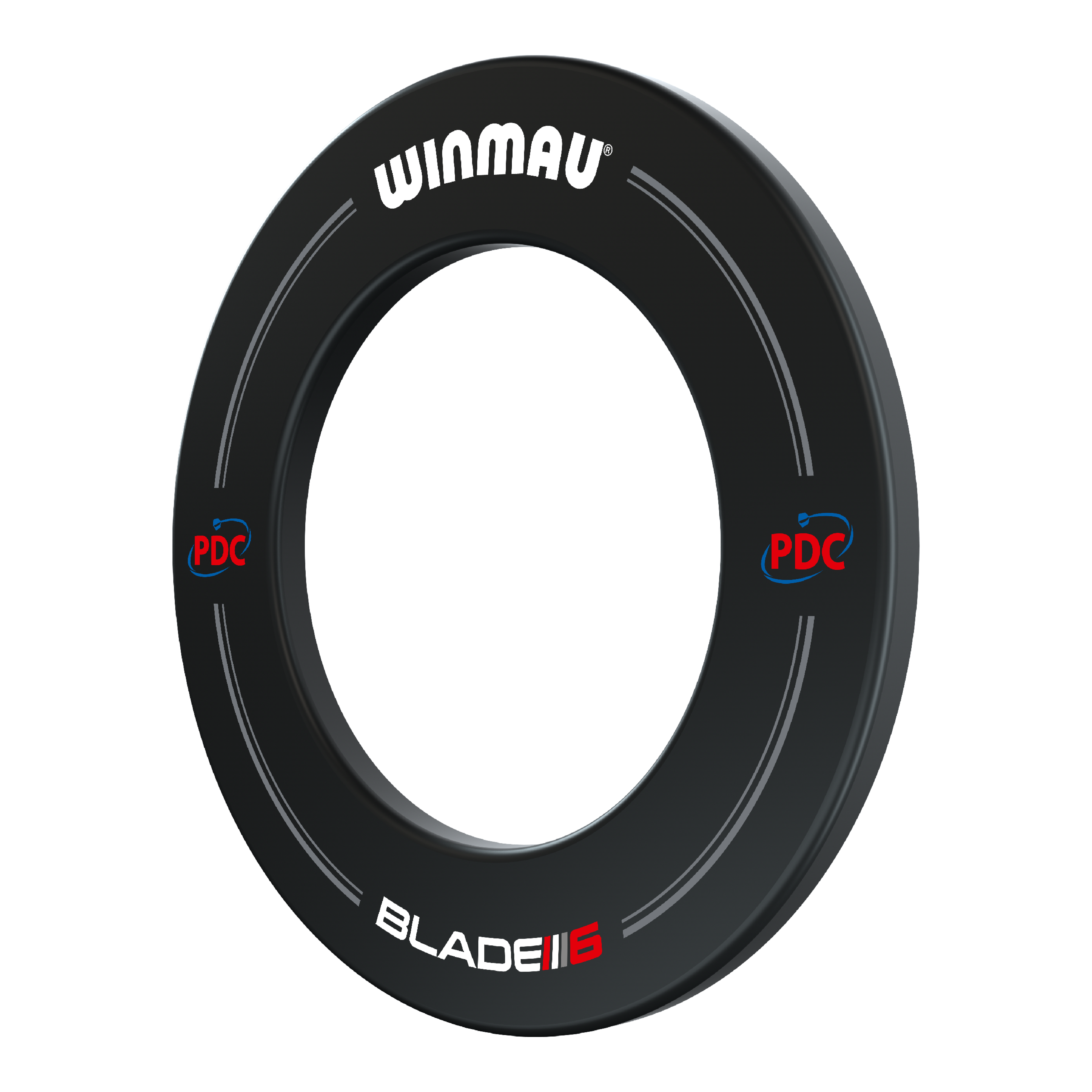 Winmau PDC Dartboard Surround - Black Das Bild zeigt einen schwarzen Dartboard Surround der Marke Winmau mit der Aufschrift "PDC" und "Blade 6". Der Surround dient dazu, die Wand rund um das Dartboard vor abprallenden Darts zu schützen.