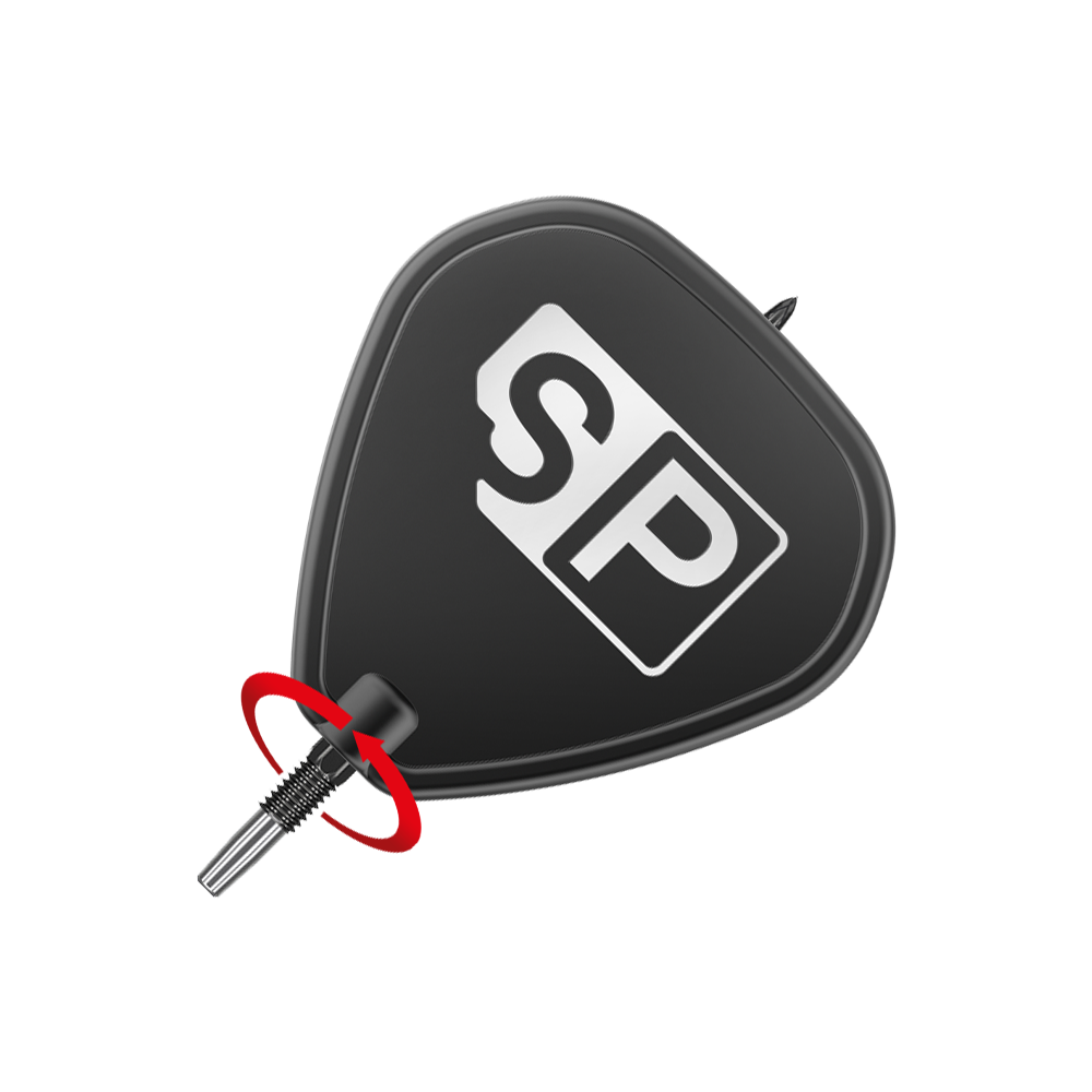 Target Swiss Point DX dart tips - Black Das Bild zeigt eine schwarze Dartspitze mit der Aufschrift "SP" darauf. Ein roter Pfeil deutet auf eine Drehbewegung an der Schraubstelle hin.