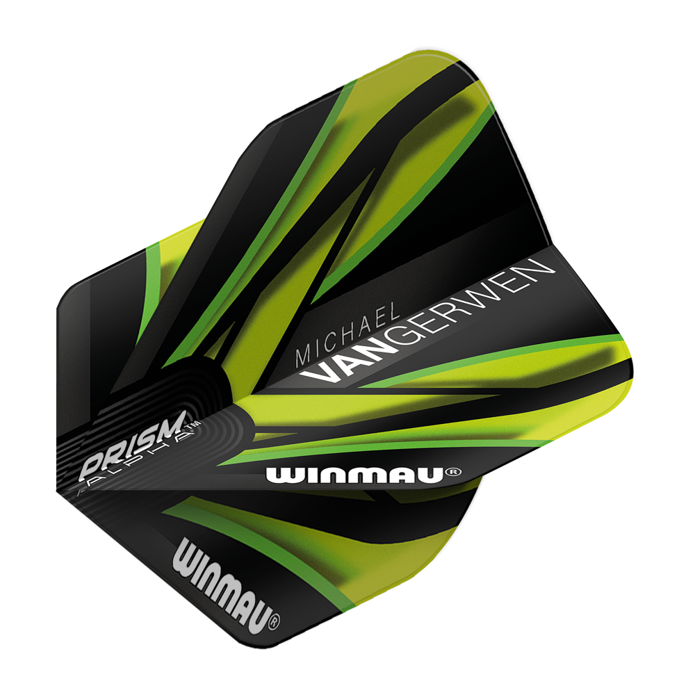 6915-145_Winmau_Prism_Alpha_MvG_Black_Green_V2_Standard_Flights_2 Das Bild zeigt einen Dart-Flügel der Marke Winmau in Schwarz und Grün mit den Worten "PRISM", "WINMAU" und "MICHAEL VAN GERWEN" darauf. Das Design ist modern und auffällig mit grünen und gelben Akzenten.