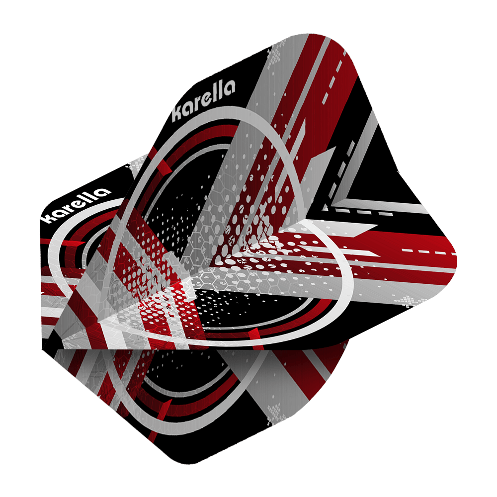 8032-10_Karella_XT-3_No2_Standard_Flights_2 Das Bild zeigt die Karella XT-3 No2 Standard Flights mit einem modernen, grafischen Design in Rot, Schwarz, Weiß und Grau. Der Schriftzug „Karella“ ist auf den Flights deutlich sichtbar.