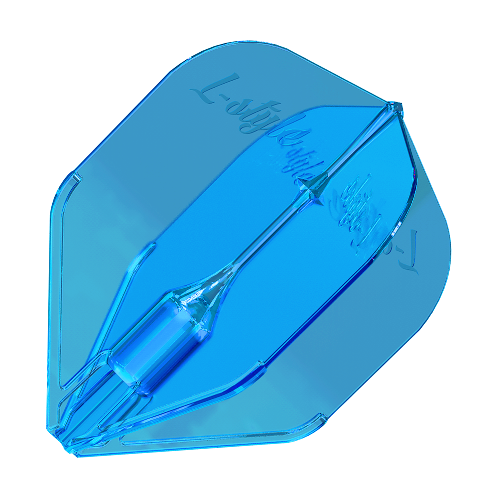 L-Style Fantom L3EZ Flights Blue Das Bild zeigt ein blaues Dart-Flight mit dem Namen "L-Style Fantom L3EZ". Es hat eine transparente Optik und die Aufschrift "L-Style" ist darauf zu sehen.