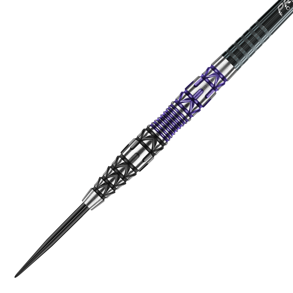 Winmau Simon Whitlock Special Edition 2020 steel darts Das Bild zeigt einen Winmau Simon Whitlock Special Edition 2020 Steeldart. Der Dart hat ein auffälliges Design mit schwarzen, silbernen und violetten Elementen am Griff.