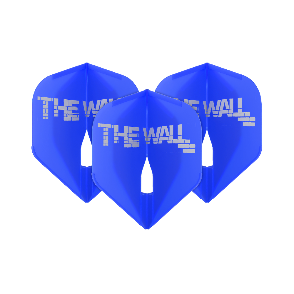 L-Style Martin Schindler Blue L1PRO Flights Das Bild zeigt drei blaue Dartflights mit der Aufschrift "THE WALL". Es handelt sich um das Produkt 'L-Style Martin Schindler Blau L1PRO Flights'.