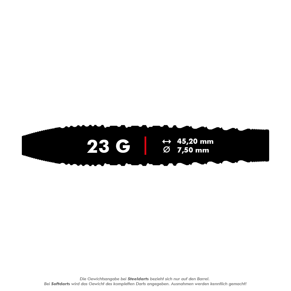 Target Japan Prime Series Tung Suk Zenith GEN1 Swiss Point Steeldarts - 23g Das Bild zeigt die Maße und das Gewicht des Produkts "Target Japan Prime Series Tung Suk Zenith GEN1 Swiss Point Steeldarts - 23g". Der Dart wiegt 23 Gramm, ist 45,20 mm lang und hat einen Durchmesser von 7,50 mm.